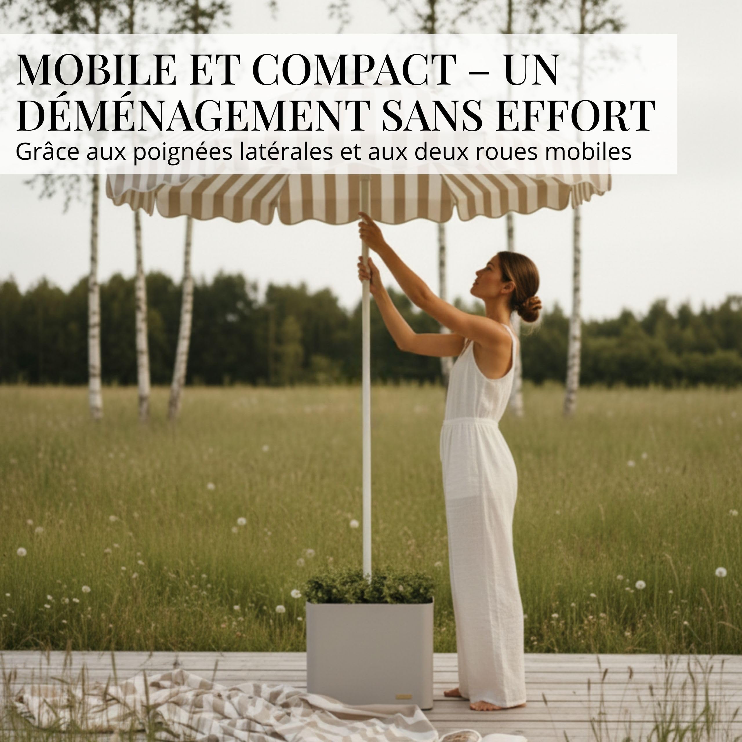 Livlig53 LIVLIG Pied de parasol avec roulettes – Support de parasol 2 en 1 transportable, pot de fleurs et protection solaire, 100 % acier inoxydable, rechargeable jusqu'à 39 l, pour parasols jusqu'à