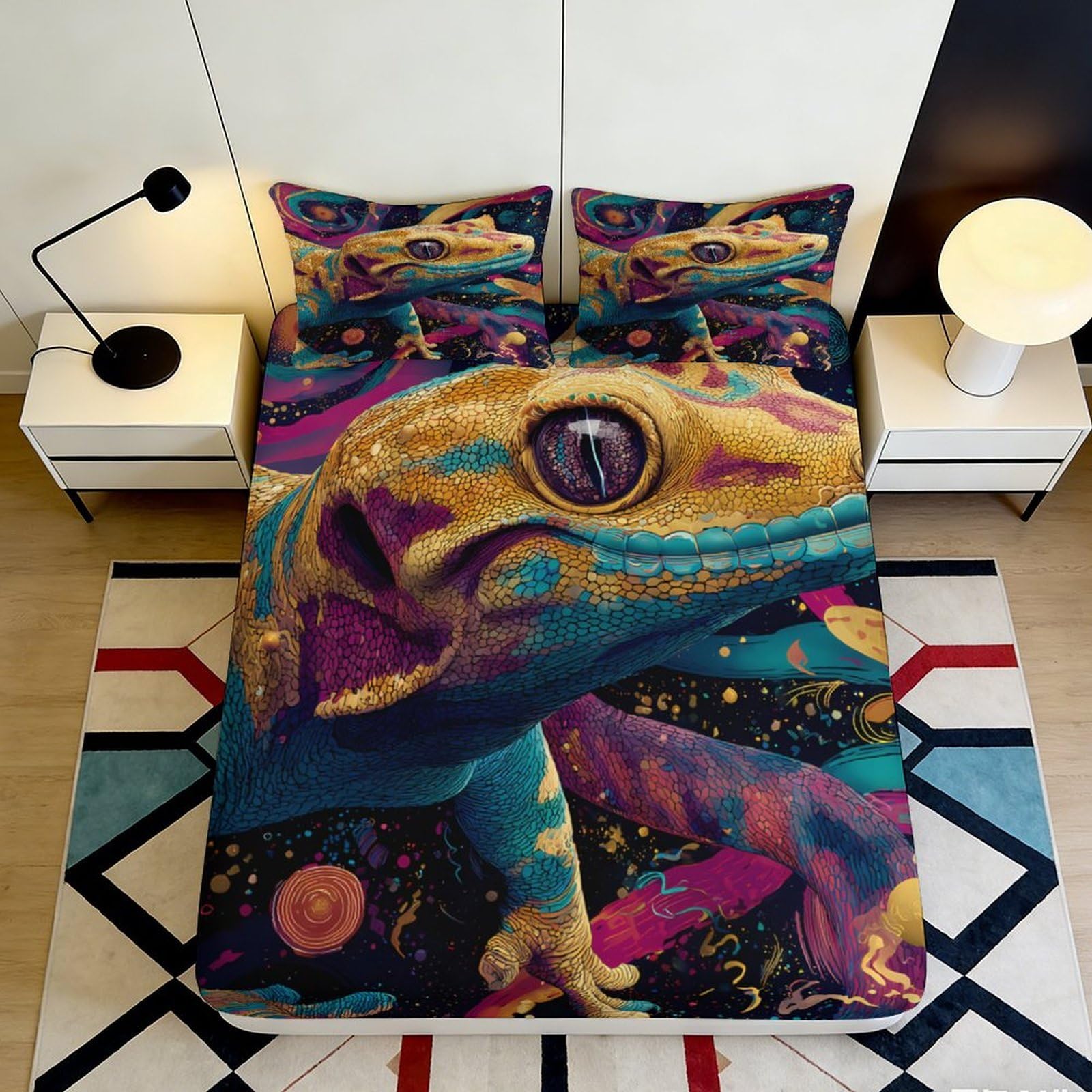 Jqzkxnhpbr Style-1 3D Printed Colorful Lizard Fitted Sheet Microfiber Soft Breathable Space Art Bed Cover For Bedroom Dorm Decor 90X200x25cm