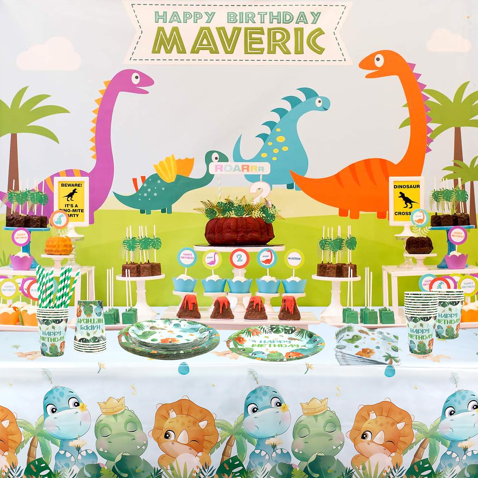 Decorazione per feste di compleanno con dinosauro, forniture per feste con dinosauri, include piatti, tovaglioli, tovaglie, stoviglie per ragazzi e ragazze baby shower (A)