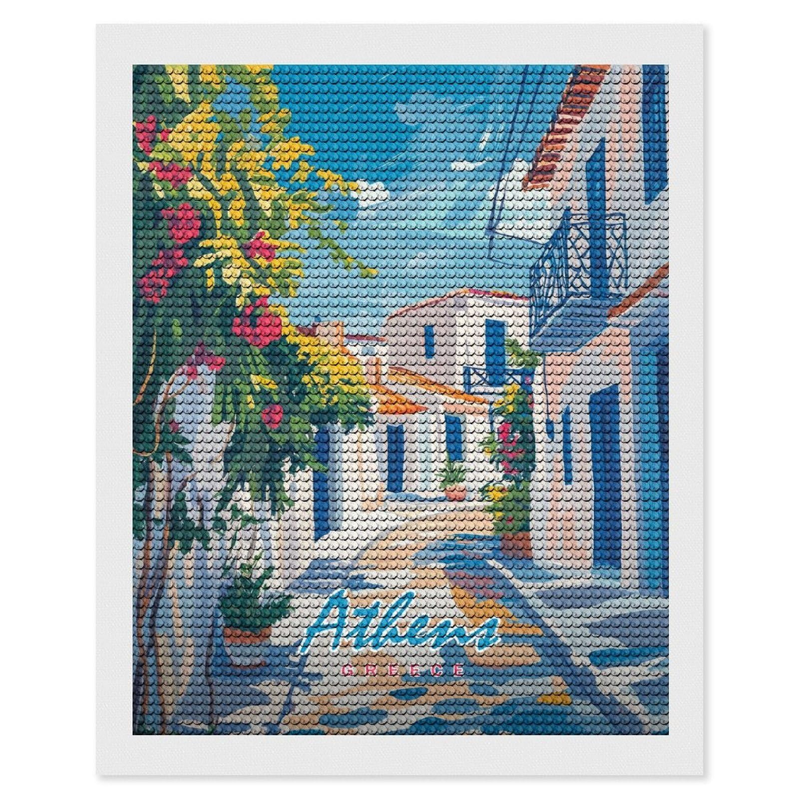 Junmoney Athens Greece Street Painting Diamond Art Kit 16"x20", Relaxing DIY Hobby, Satisfying Creative Project, Living Room Decor, for Women