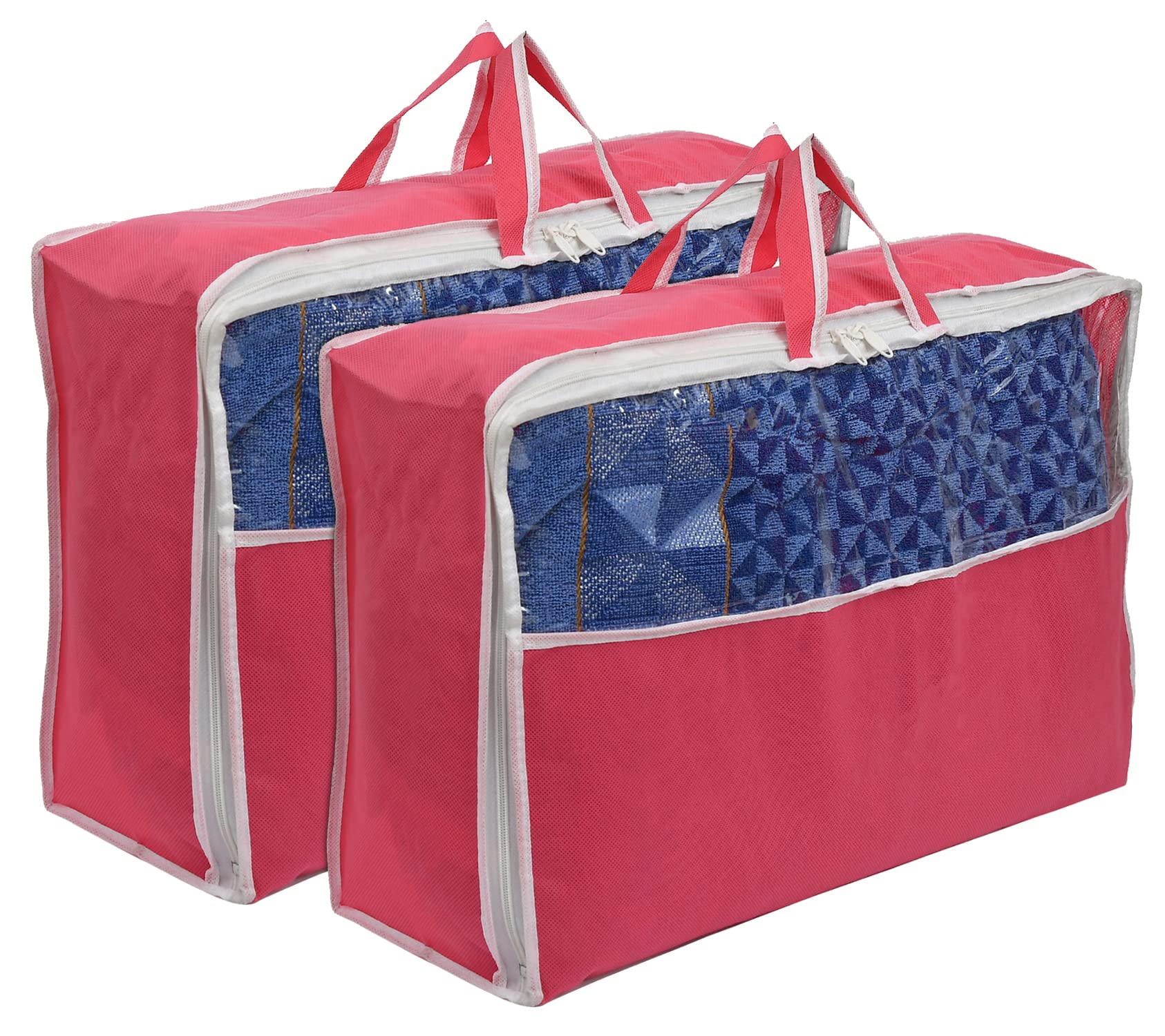 kuber industries non-woven rectangular underbed storage bag/cloth organizer for store clothes, quilts, comforters, blanket with top tranasparent window & handle- pack of 2 (pink)