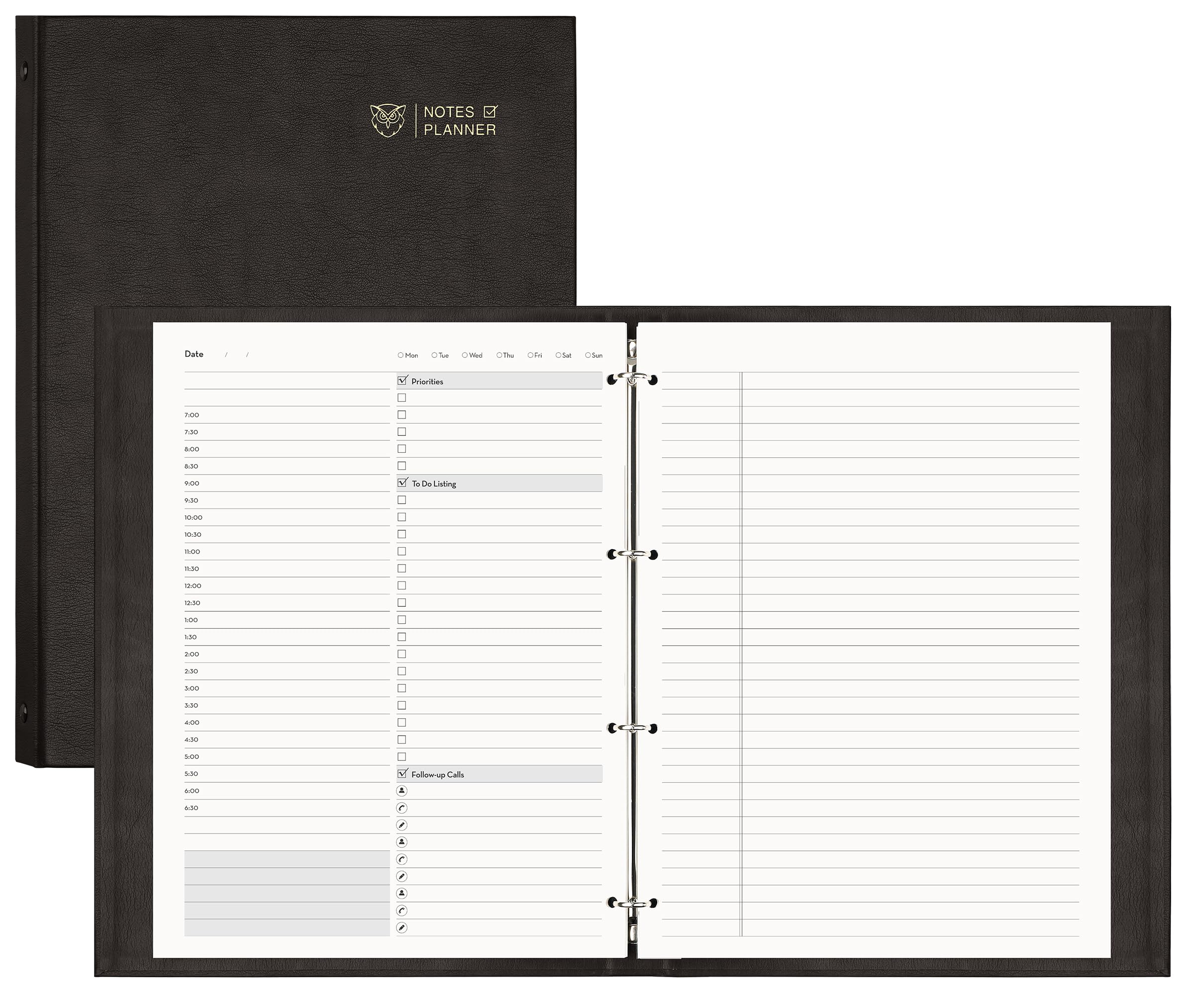 EMSHOI Undated Daily Planner 9.2" X 12", Large To Do List Notepad, 240 Refill Pages Ring Binder Planner, Hardcover Leather Appointment Book for Work, with Yearly Schedule, Habit Tracker, Black