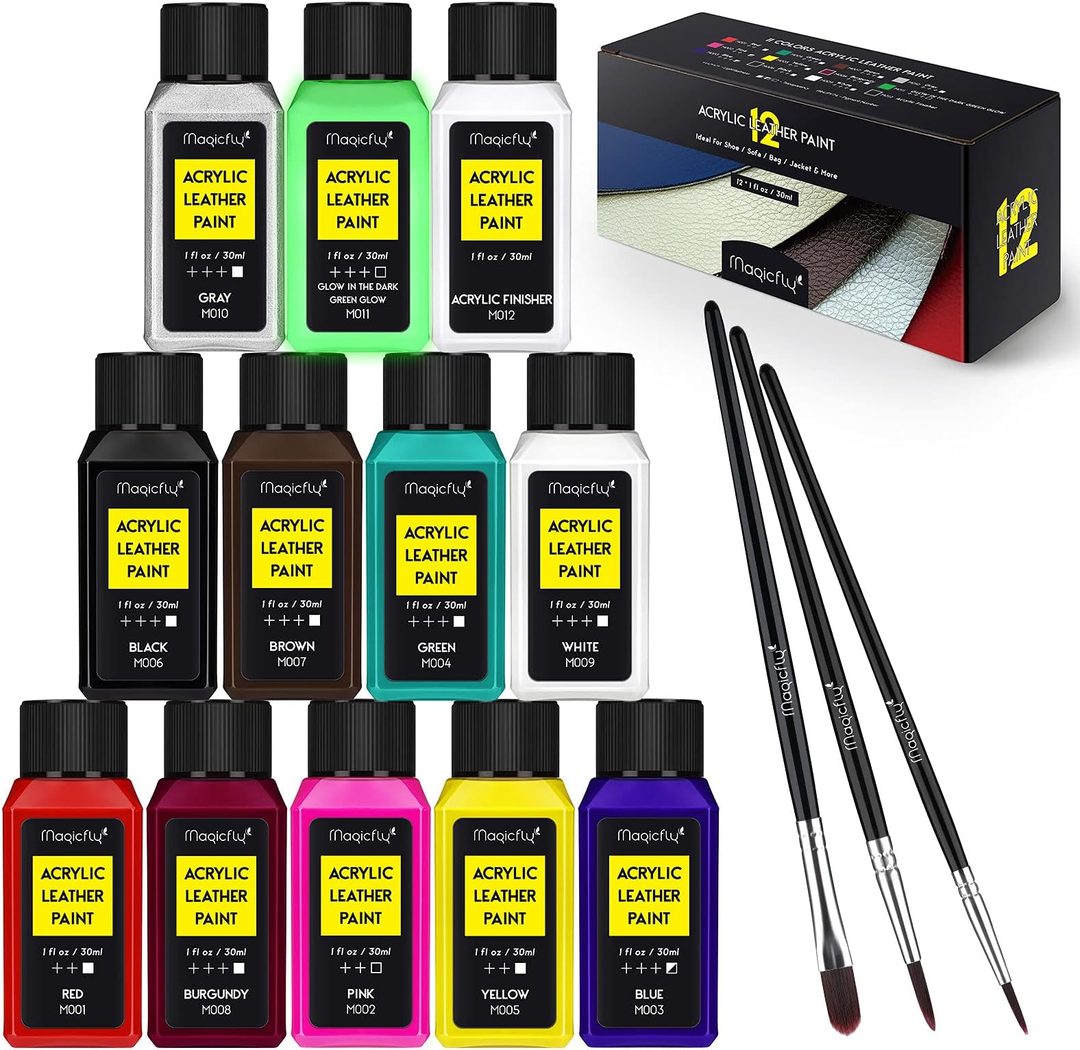 Magicfly 11 Colors Acrylic Leather Paint for Shoes (30ml/1 fl oz.) with 1 Acrylic Finisher and 3 Brushes for Sneakers, Sofa, Jacket, Bag, Wallet, Car Seat, Leather Paint Kit for Repair