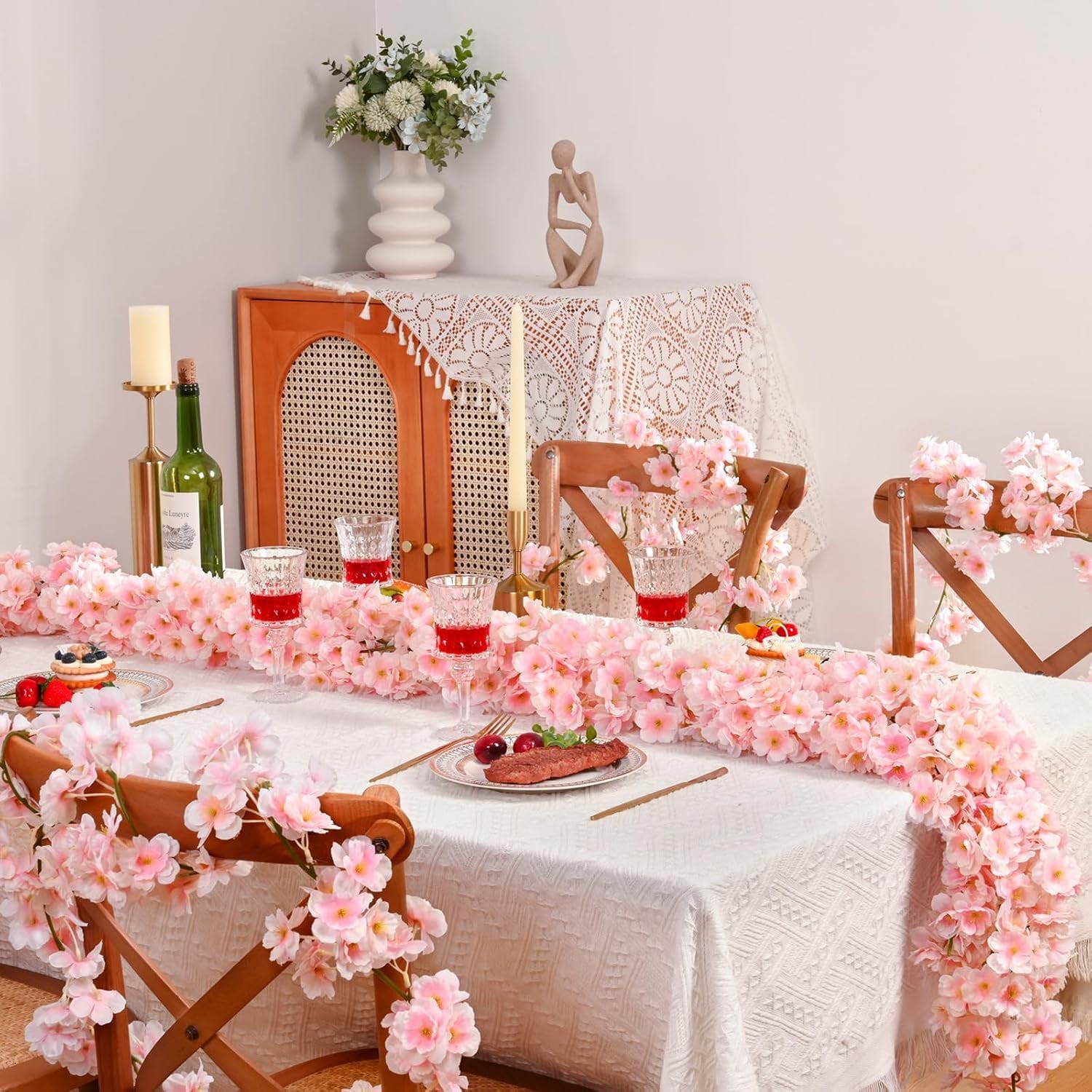 DesertBoy 2Pcs Cherry Blossom Artificial Silk Hanging Vine Garland, 180cm Faux Flower String for Wedding Garden Party Decoration - Image 4