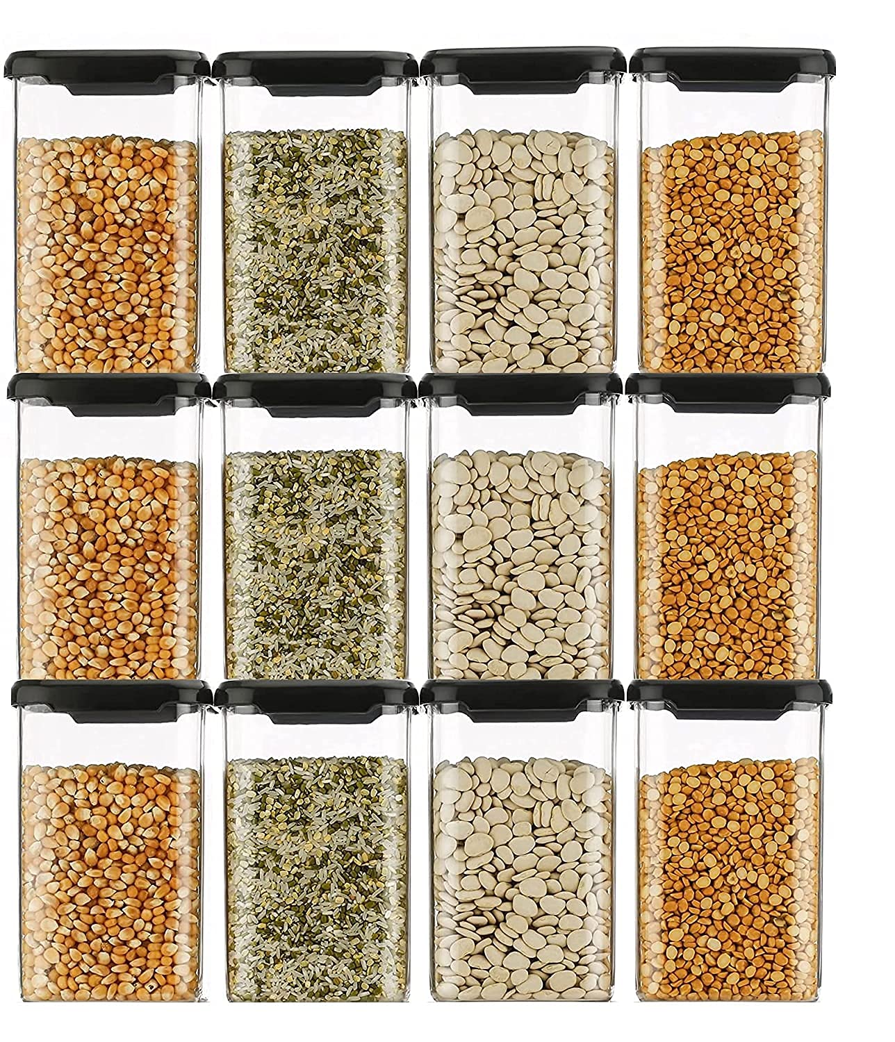 Khushboo Enterprise Airtight Plastic Square Container Set for Kitchen Storage - 1100ml Containers | Unbreakable & Air-Tight Design | Container & Containers (Pack of 12, Black)