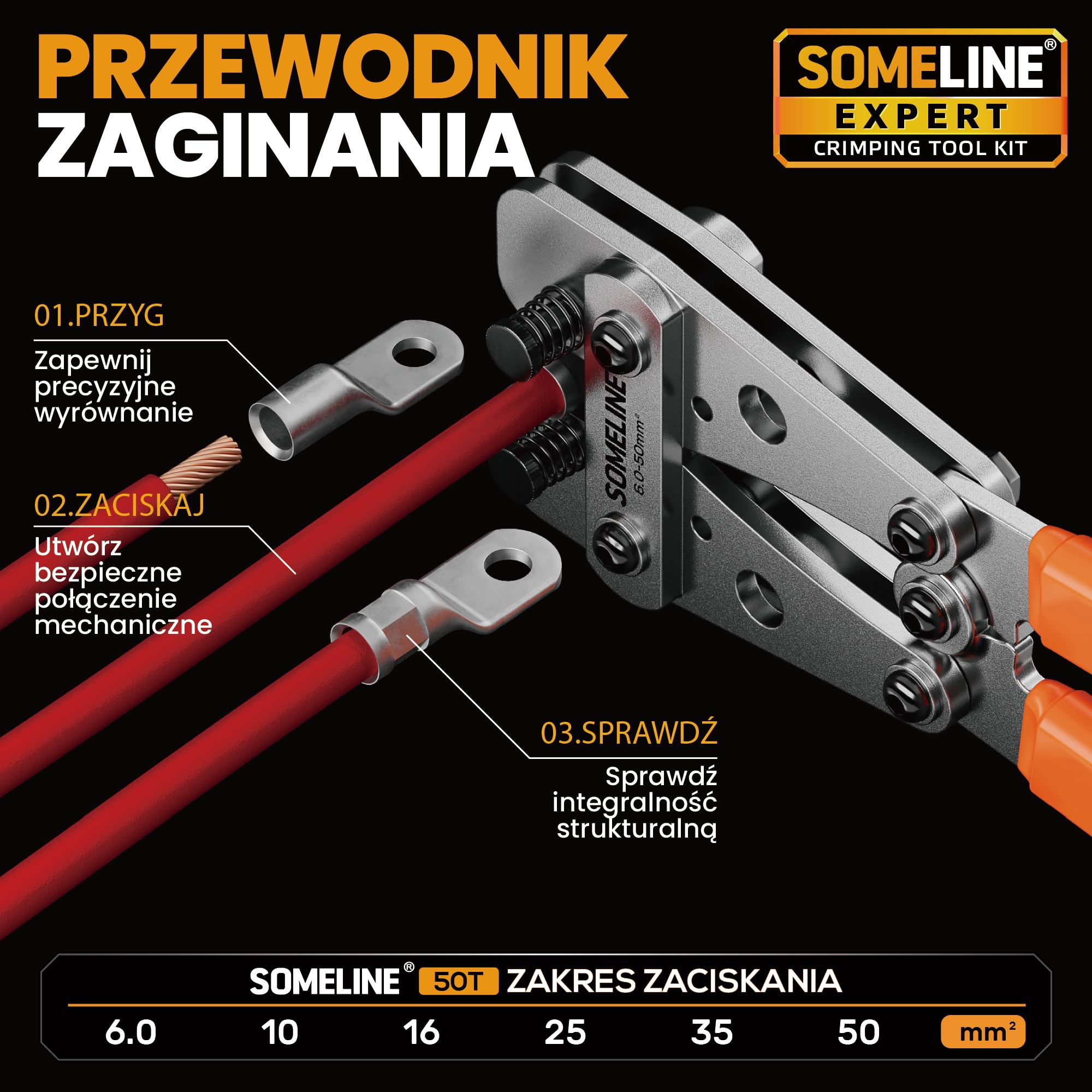 SOMELINE Szczypce do zaciskania końcówek kablowych 6-50 mm², zestaw końcówek kablowych, końcówki oczkowe z cynowanym otworem na śrubę, miedziane, zestaw szczypiec do zaciskania, elektronarzędzie