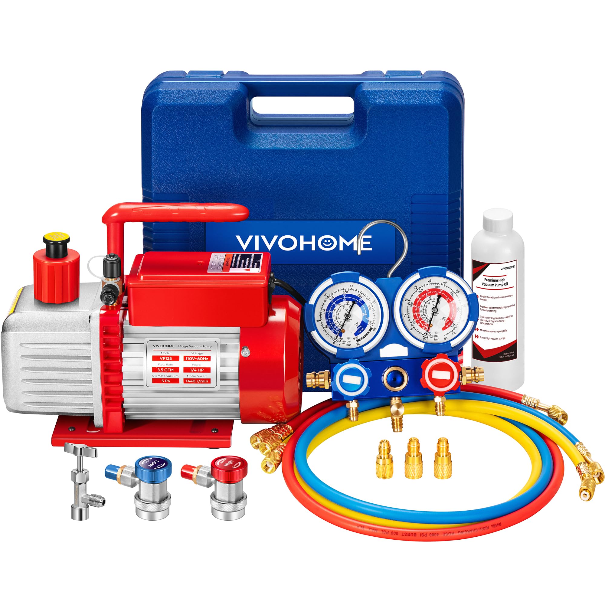 VIVOHOME 110V 1/4 HP 3.5 CFM Single Stage Rotary Vane HVAC Vacuum Pump and 3 Way AC Manifold Gauge Set with 4ft Hoses & Accessories for Auto Air Conditioning Refrigeration Recharging, Red