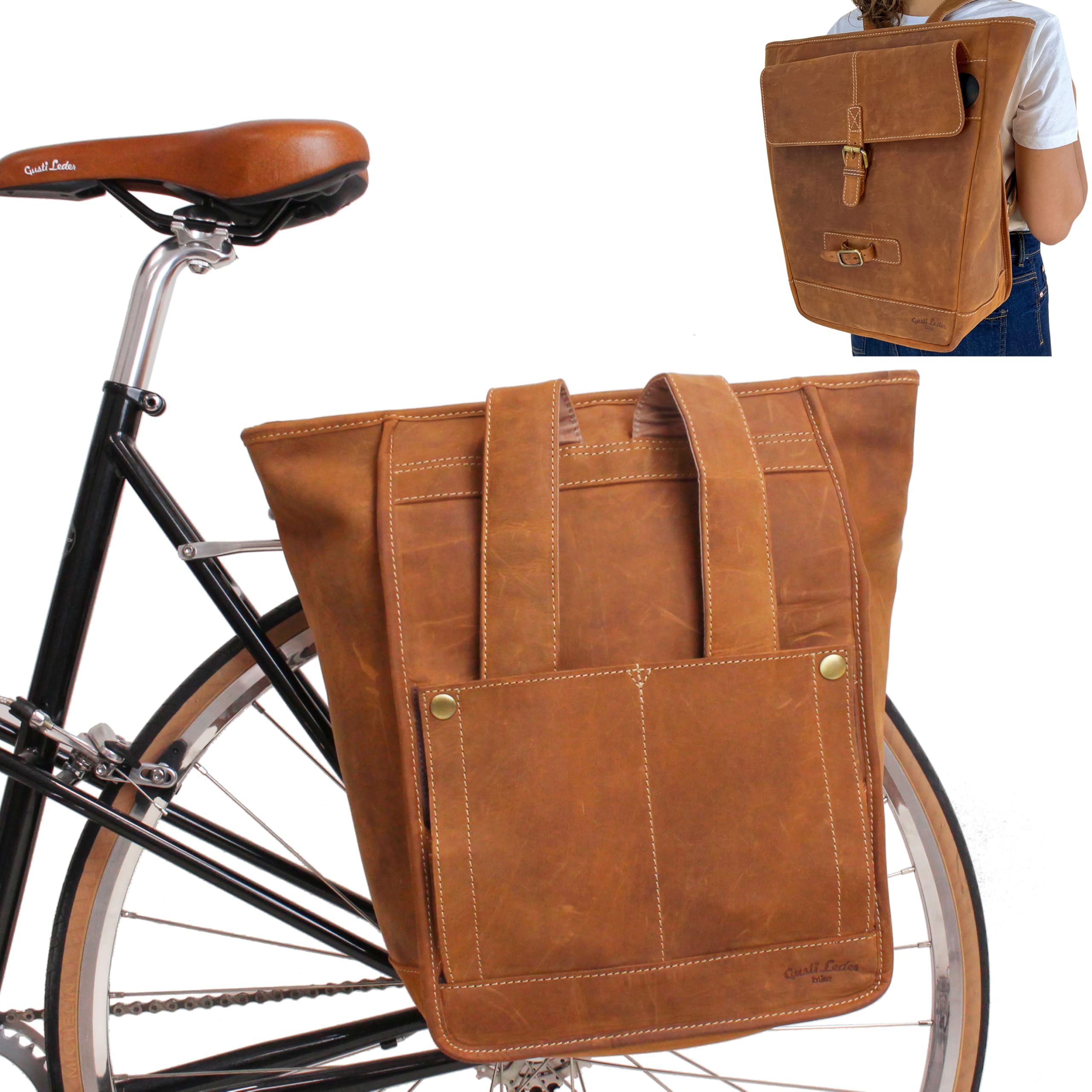 Gusti - Alforja para bicicleta de cuero Carmine P. 2 en 1, mochila para bicicleta y mochila con portaequipajes, de cuero genuino, color marrón