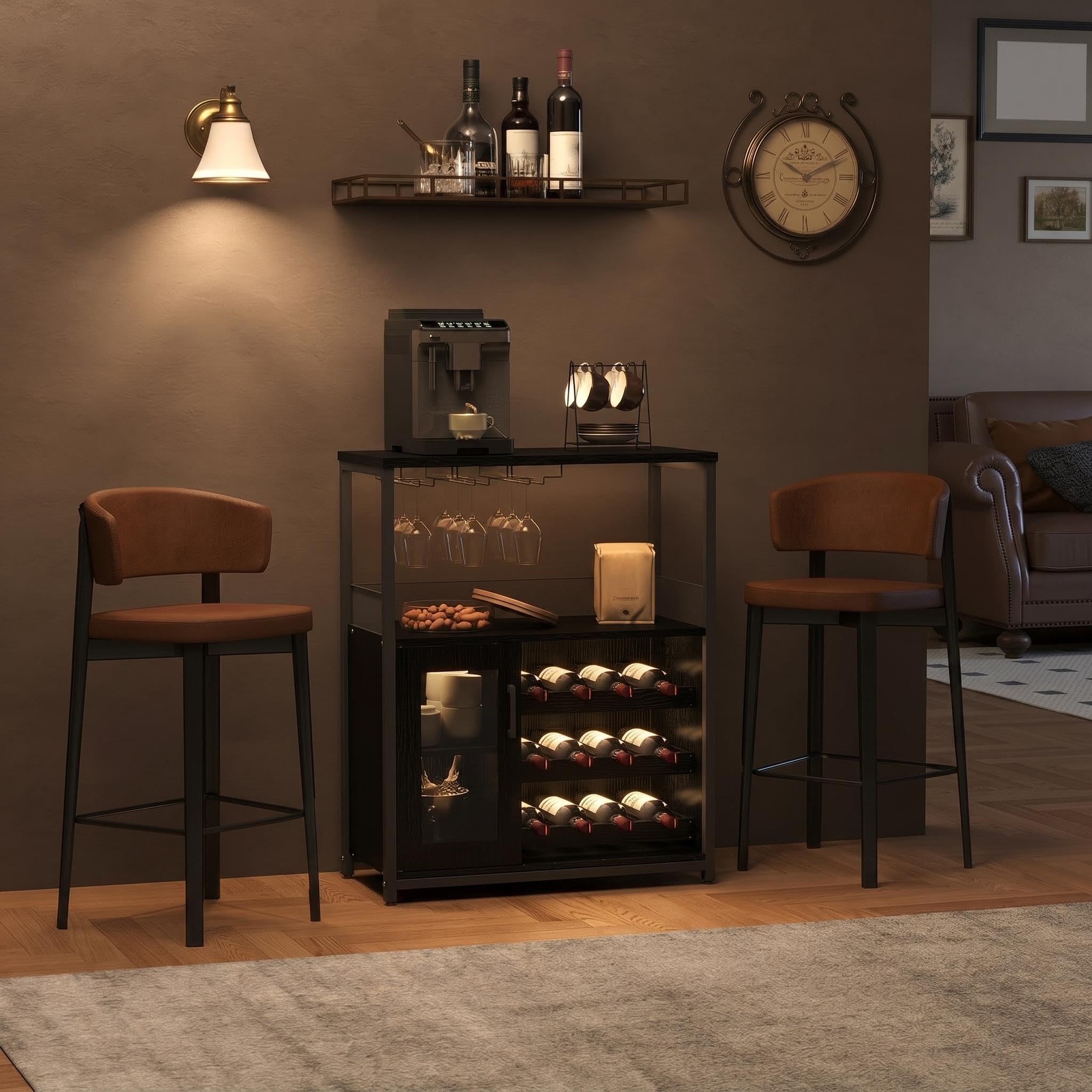 Garvee Armario para Vino Industrial con LED, Mueble Bar con Estante Ajustable 12 Botellas, Soporte para Copas, Puerta de Vidrio y Rejilla Metálica, para Cocina, Comedor o Salón, Negro 69 x 35 x 92 cm