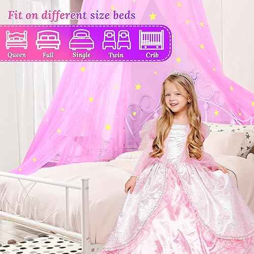 Miniatura 4 de Toldo de cama rosa para niñas con estrellas brillantes en la oscuridad, toldo de cama de princesa para habitación de niñas, mosquitera para cama de