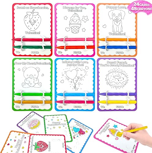 Leetous Tarjetas de regalo para el día de San Valentín para niños, 48 crayones sin desorden con 24 tarjetas de intercambio de clases de San Valentín