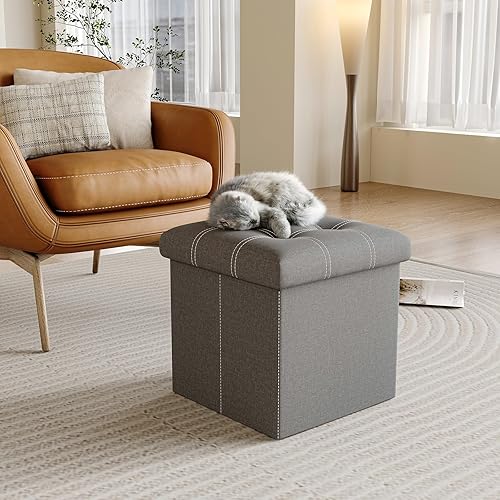 Miniatura 2 de YOUDENOVA 15 inches Storage Ottoman Cube, Foldable Storage Boxes, Padded Seat for Dorm Living Room, Support 300lbs, Line Fabric Grey
