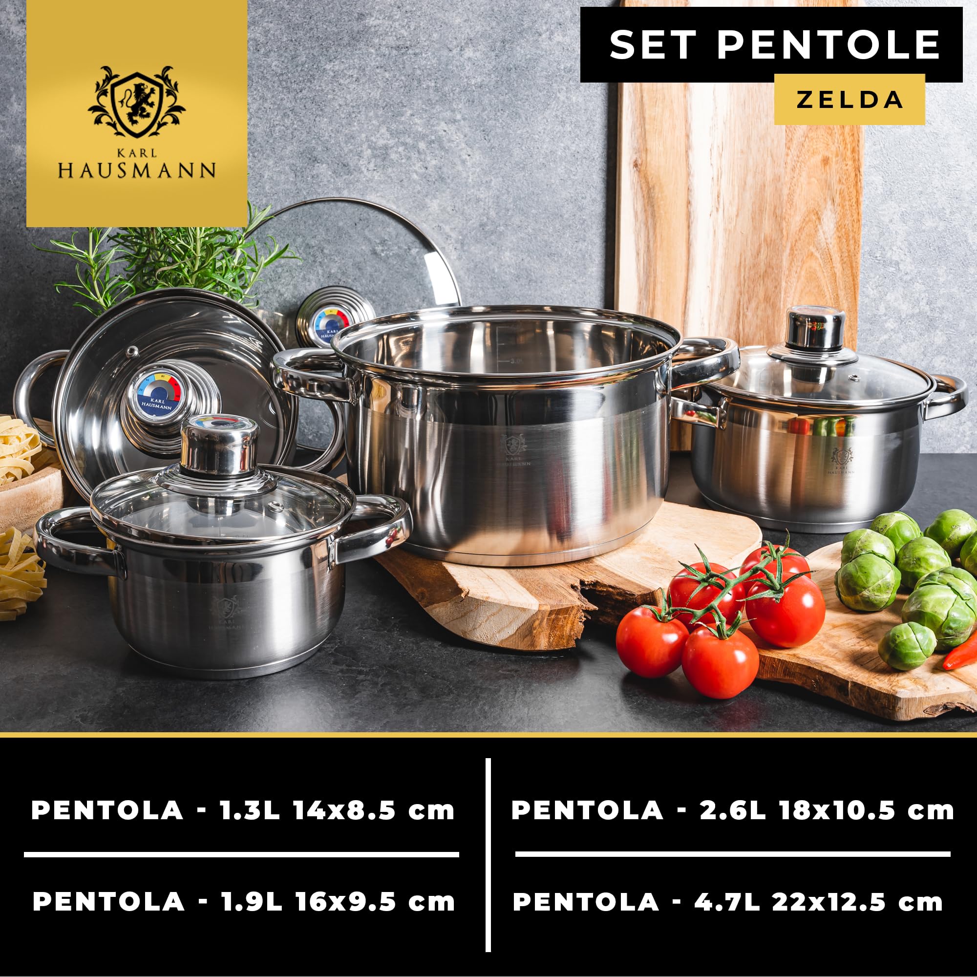 KARL HAUSMANN Set Pentole 4 Pezzi Acciaio Inox con Coperchi Termometro - Batteria Cucina Induzione, Pentole per Uso Quotidiano, Gas, Elettrico, Vetroceramica, 4 Misure