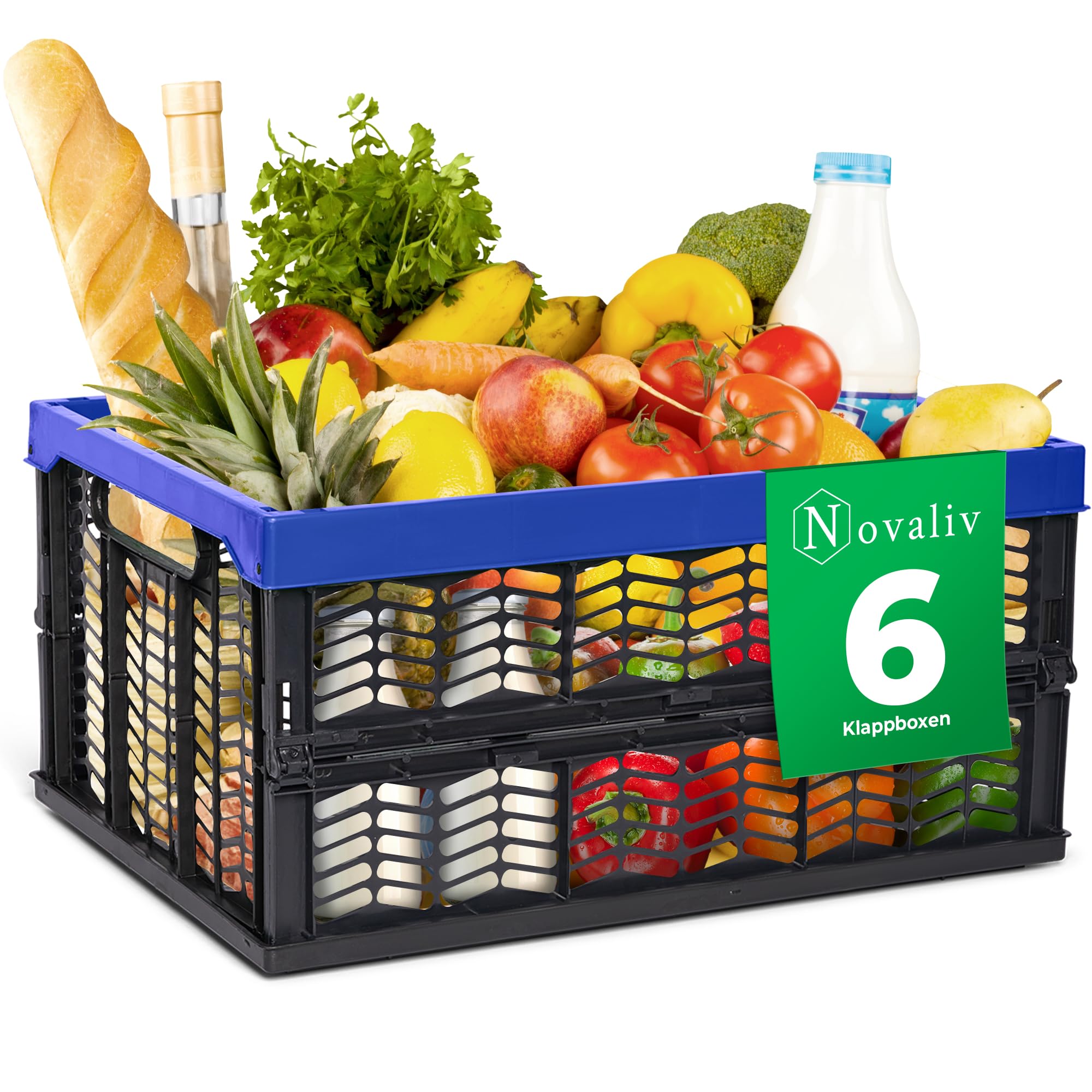 Novaliv Klappboxen faltbar stabil 6x 30L Blau Schwarz baskets Einkaufskiste Klappkisten Set Tragebox Aufbewahrung Einkaufskörbe Körbe Aufbewahrung Küche