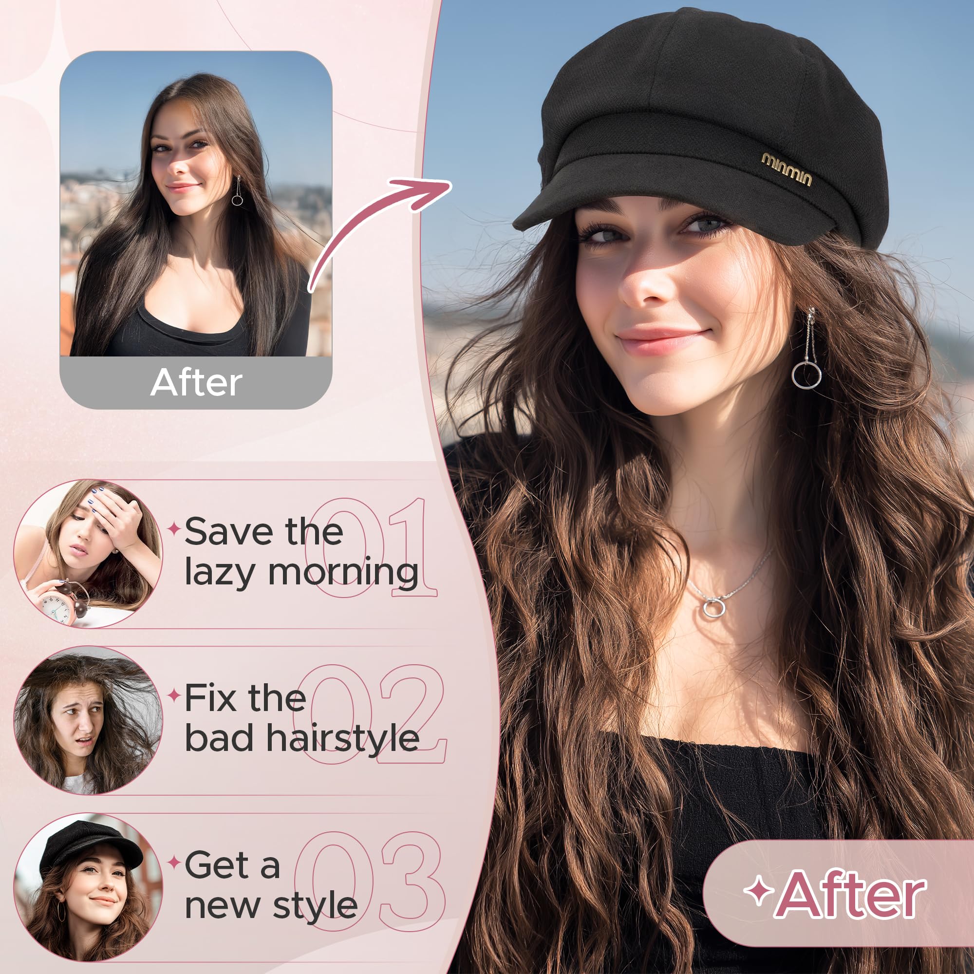 SEGO 18 Inch Long Wavy Hair Extension With Attached Black Beret Hat Synthetic Hairpiece Fashionable For Women - Medium Brown - Image 4