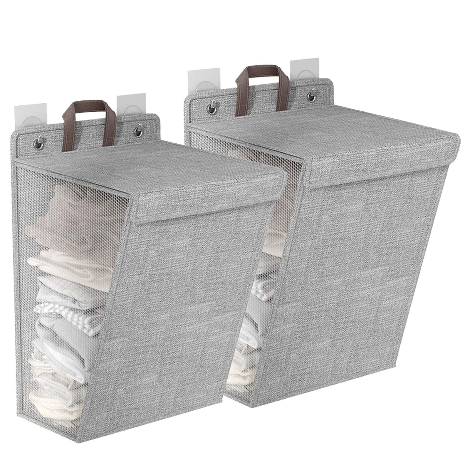 mumisuto 2 Stück Faltbarer Wäschekorb mit Deckel & Griffen, 60L Wäschesammler Laundry Aufhängbar mit 4 Nicht Markierenden Klebehaken, Baskets für Schlafzimmer, Waschküche, Badezimmer