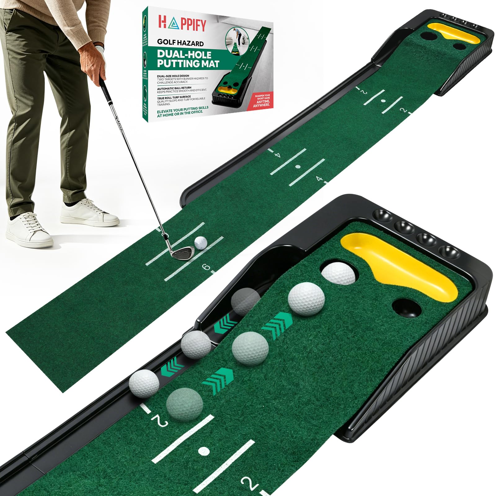 PUTTING MAT INDOOR GOLF – Dual hole golf putting mat with ball return for office, home & garden - Portable indoor golf putting set. Ideal golf putting machine & putting green to play golf at home.