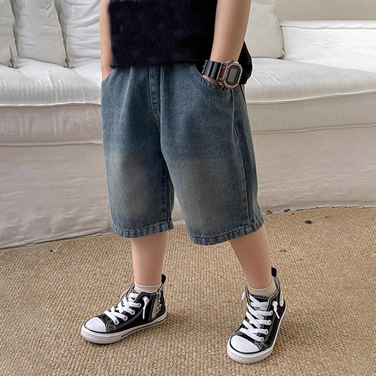 Short Baggy en Jean Adolescents Bermuda Denim Shorts Plat l’Avant Tissé Confortable et Respirant avec Taille Lastique Running Ado Garcon 4-14 Ans
