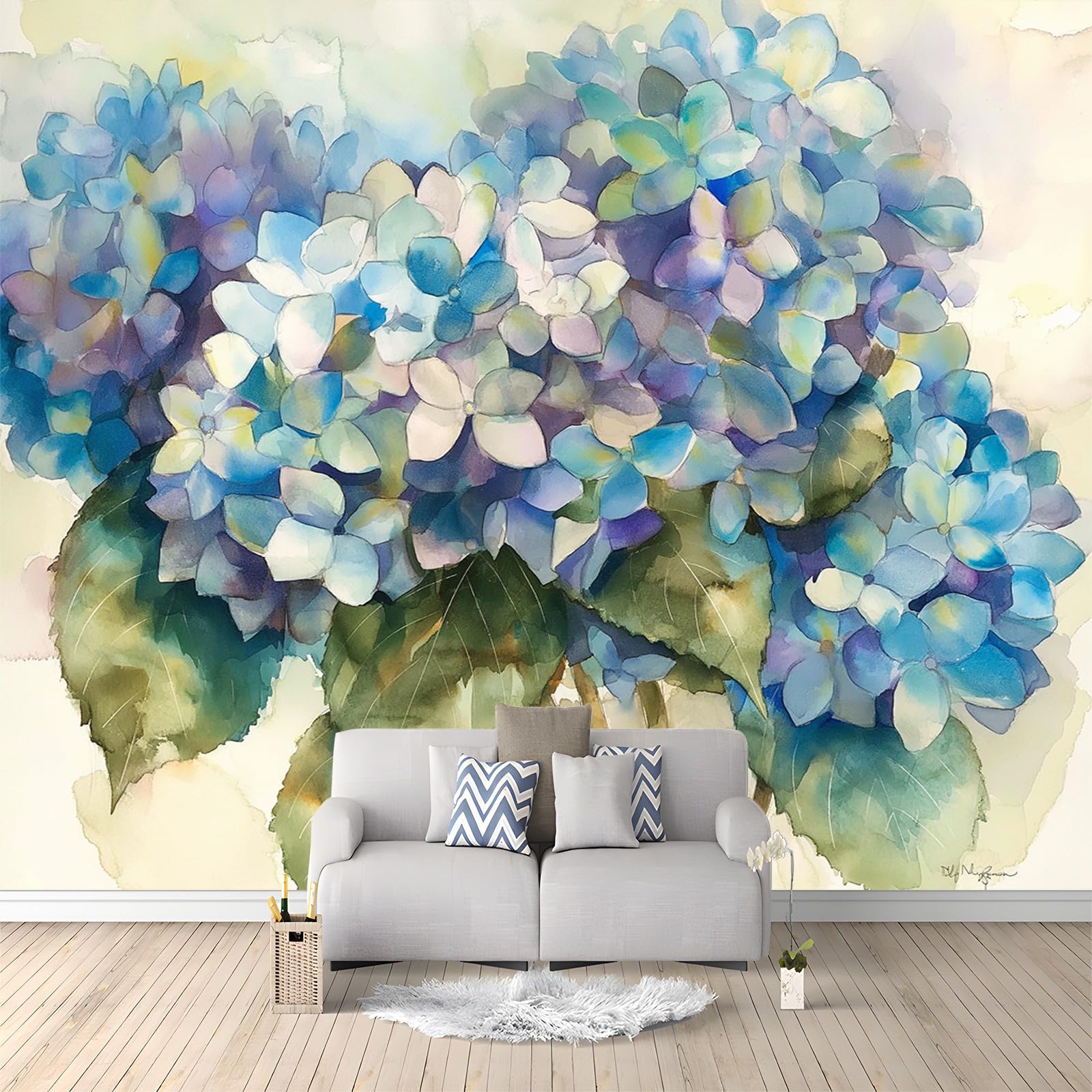 Papier peint intissé hortensia bleu effet aquarelle pour chambre
