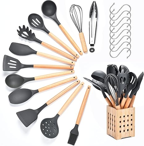 Amazon Gucolubu キッチンツール クッキング用品 シリコン製 木の柄 耐熱 調理ツール 収納簡単 13点セット調理 料理 製菓器具 台所用品 穴あき おたま スロットスプーン スパゲッティサーバー スロット フライ返し シリコンブラシ トング お玉 大へら ヘラ スプーン