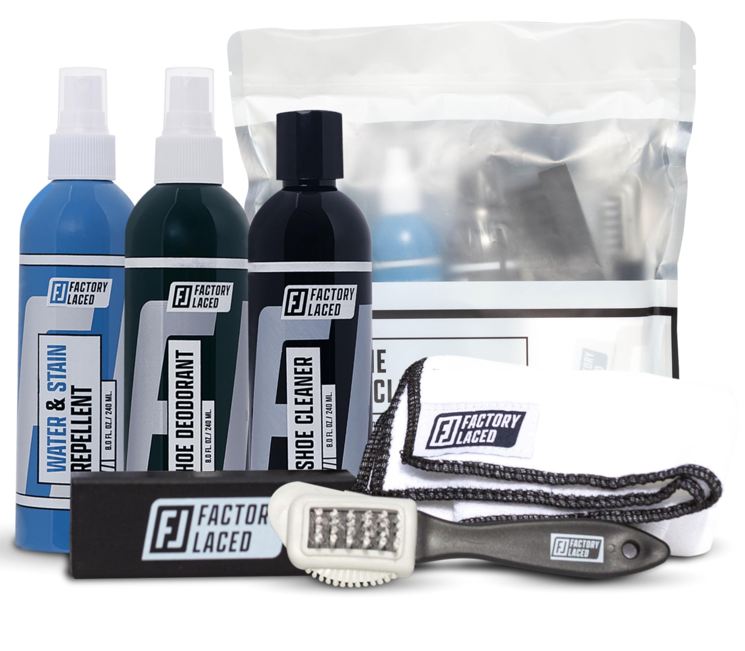 FACTORY LACED Shoe Cleaner Sneakers Kit - Includes - 8 oz Sneaker Cleaner, Shoe Deodorizer, Stain and Water Repellent Spray- Safe on Vinyl, Nubuck, Suede, & More