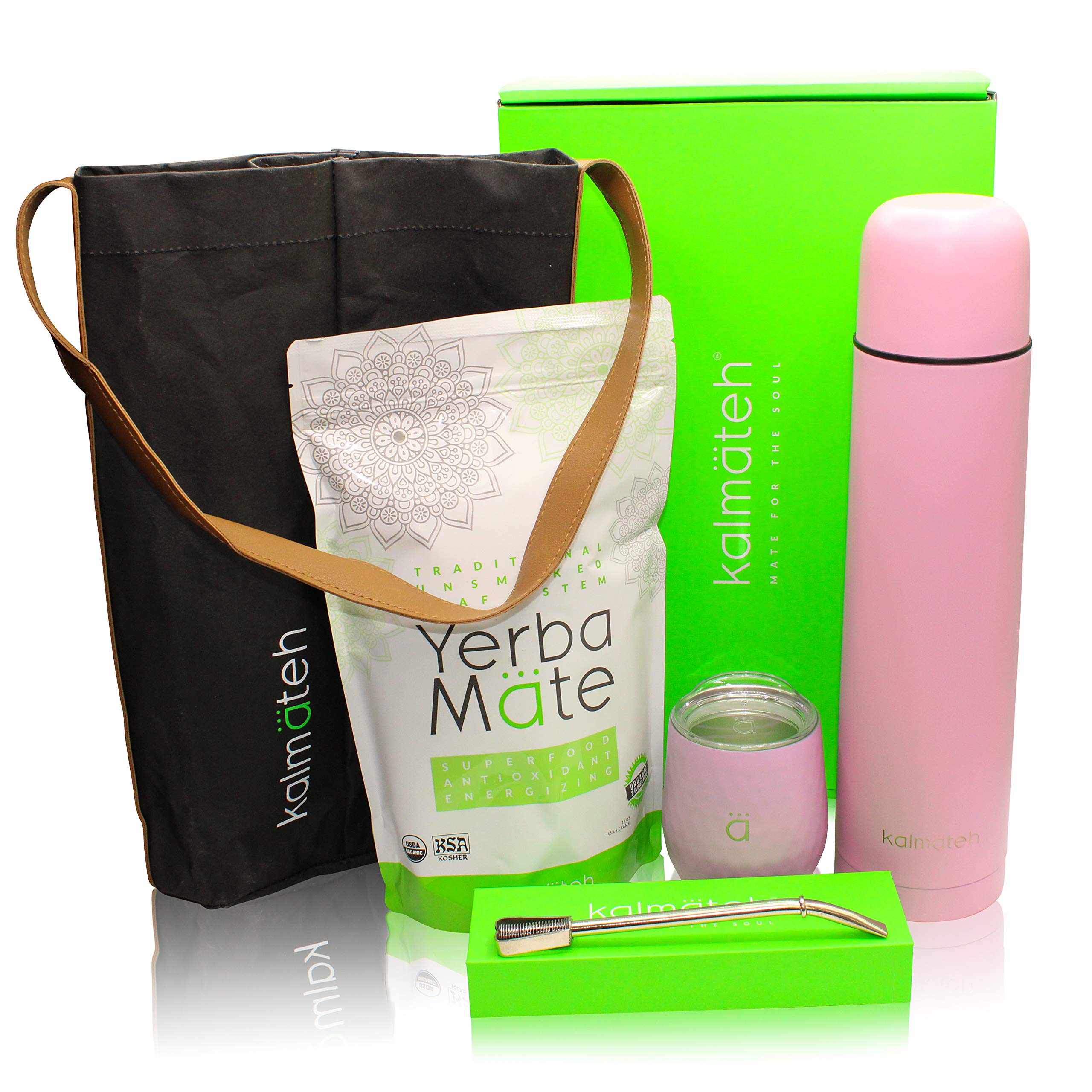 KALMATEH Yerba Mate Set – Mate Gourd with Lid, Alpaca Bombilla, Thermos and Organic & Kosher Yerba Mate (Pastel Pink, 1000ml)