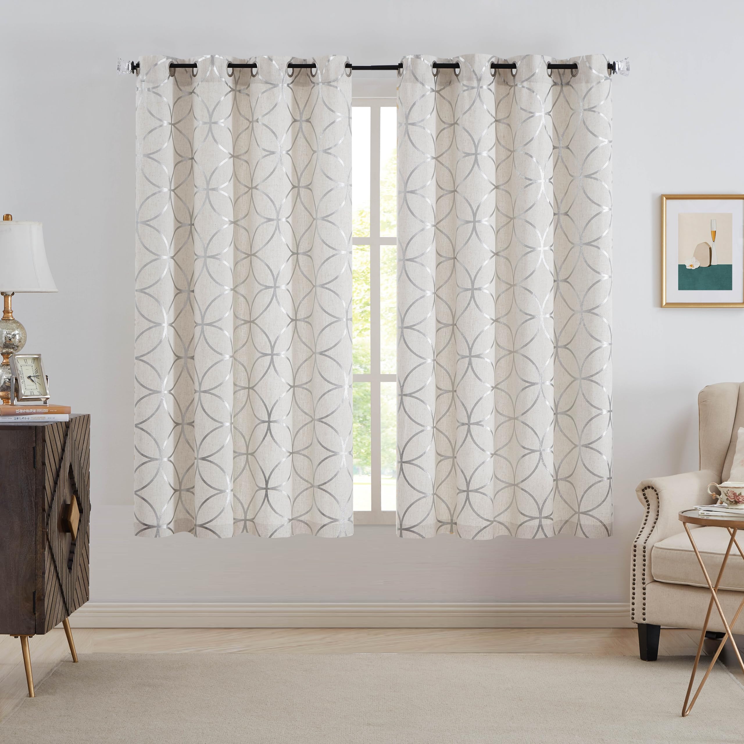 SXZJTEX Linen Window Curtains Panels Silver Foil Print Geometric Pattern Window Treatments for Bedroom Living Room, Light Reducing Grommet Top Drapes, 2 Panels, 55" W x 63" L