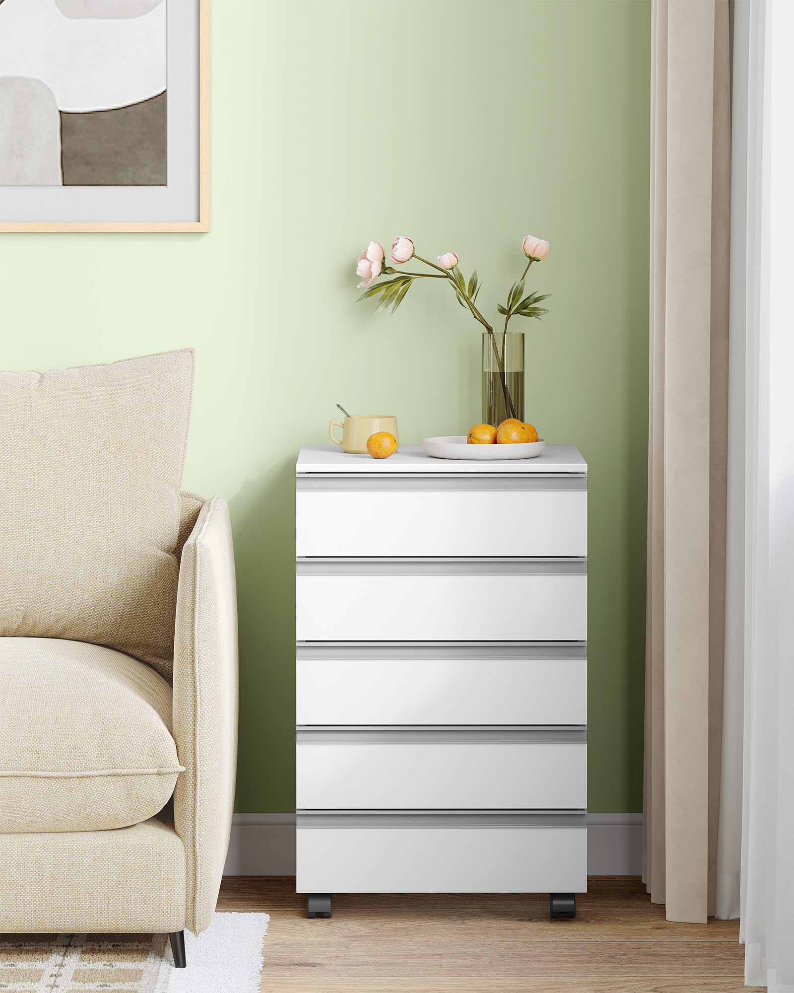 Hzuaneri Rollcontainer, mobiler Aktenschrank, Schubladenschrank mit 5 Schubladen, Lagerschrank für Büro und Homeoffice, Weiß 40 x 40 x 70 cm FC55503X