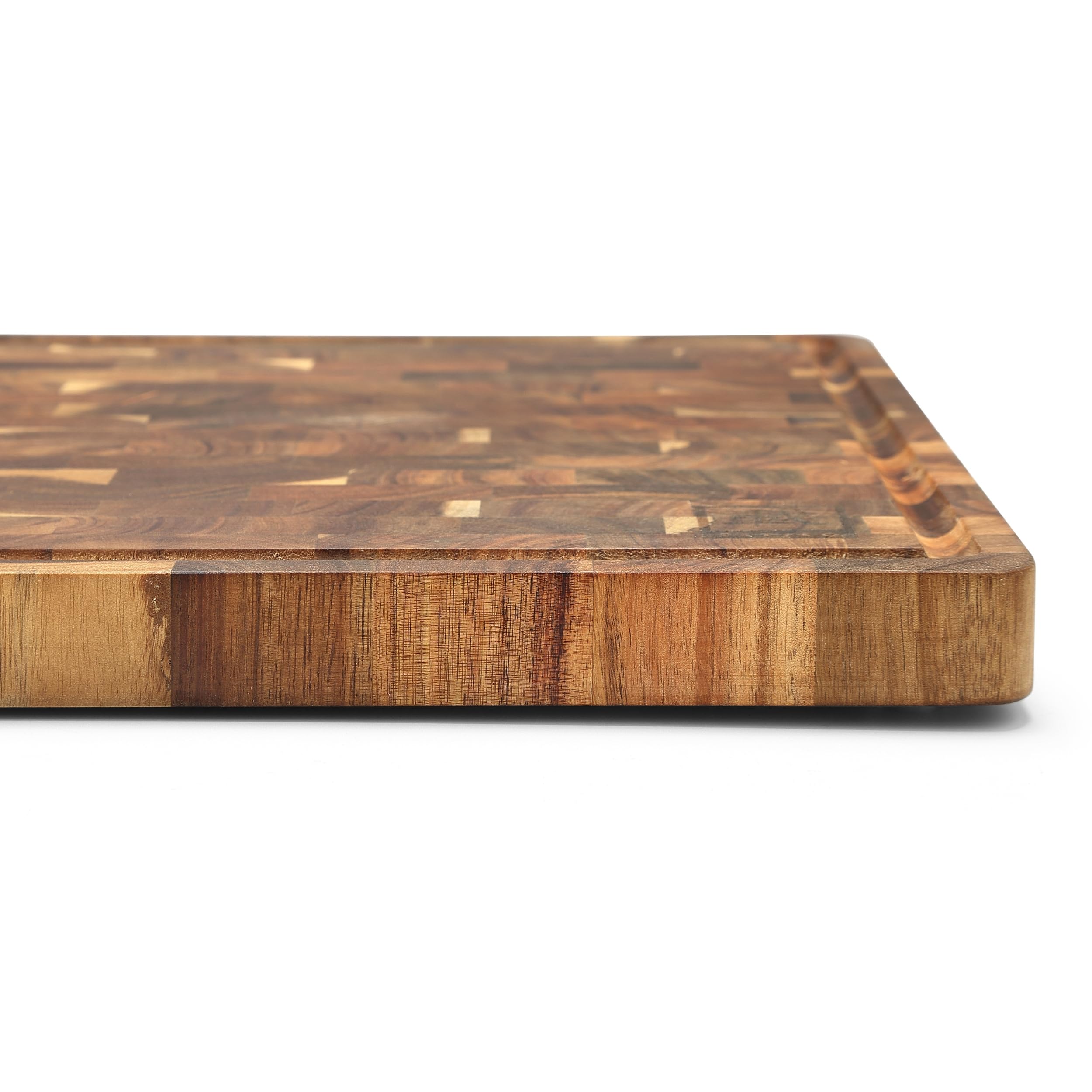 OLEIO Stirnholz Schneidebrett Holz aus Akazie, 53x38x3cm – Holzbrett Küche | Massives Holzschneidebrett aus Hirnholz mit Saftrille, Silikonfüßen & Griffmulden – zum Schneiden, Tranchieren & Servieren
