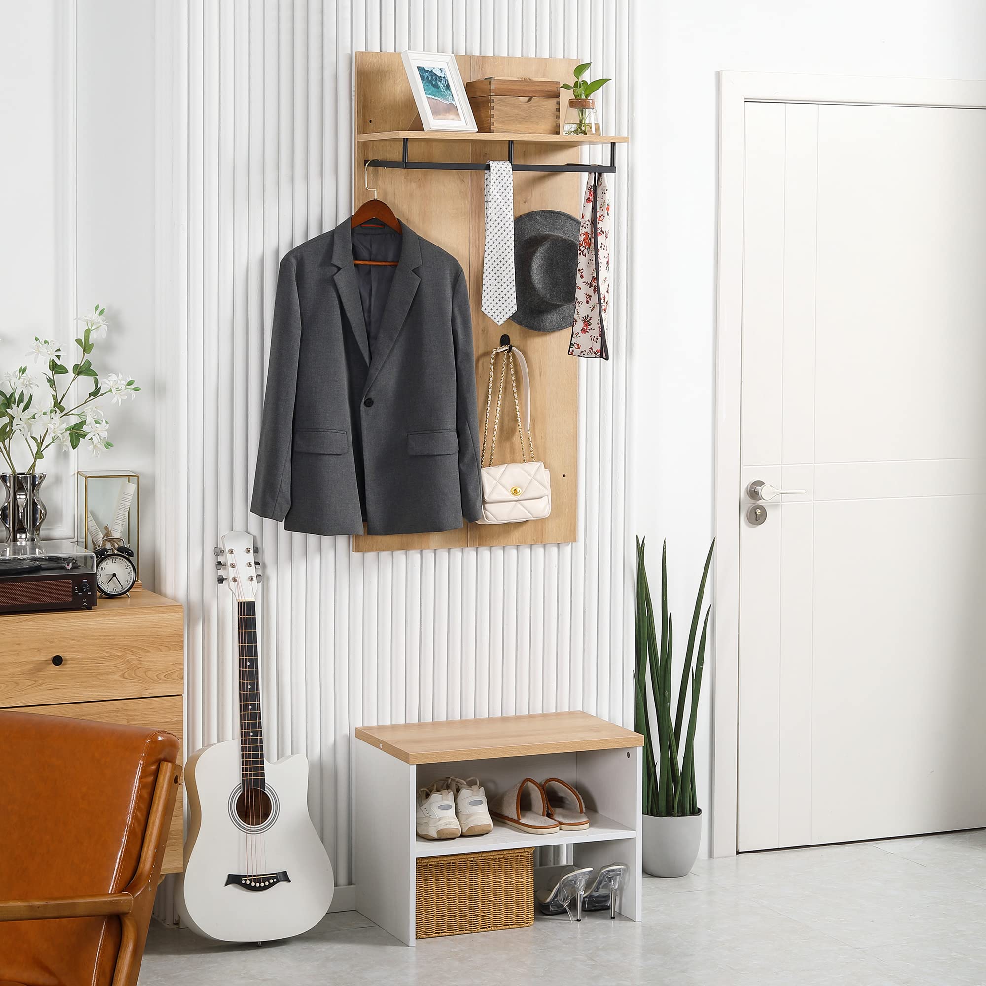 HOMCOM Garderobenset, Komplettgarderobe-Set, Kleiderständer mit Ablage, Flurgarderobe mit Schuhbank, Wandgarderobe, 4 Haken, Flurmöbel für Diele, Natur