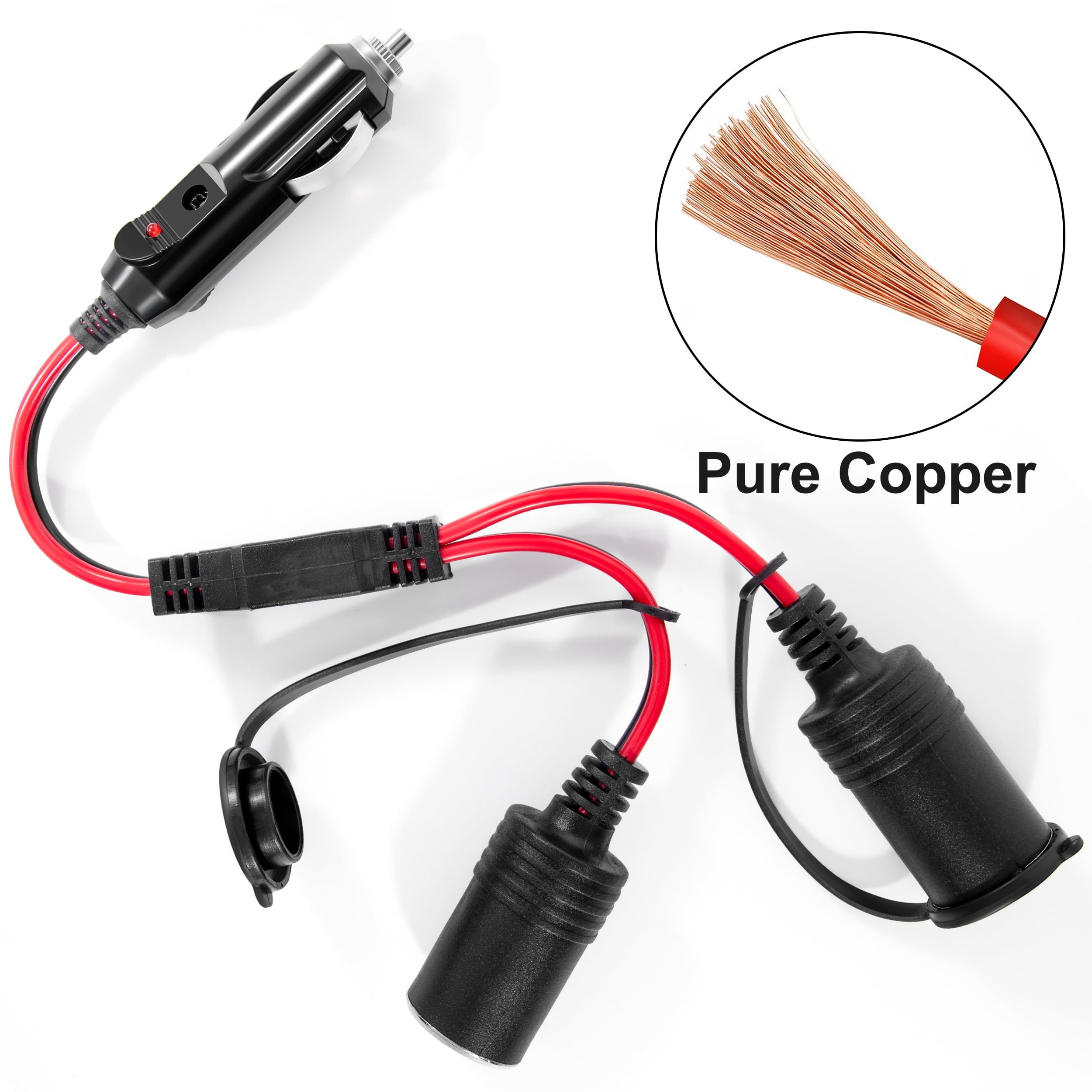 Rozdzielacz do zapalniczki samochodowej 12 V/24 V, adapter do gniazda zapalniczki samochodowej, wtyczka przedłużająca 25 cm, 16 AWG, 1 do 2 rozdzielaczy, gniazdo wtykowe z bezpiecznikiem 15 A