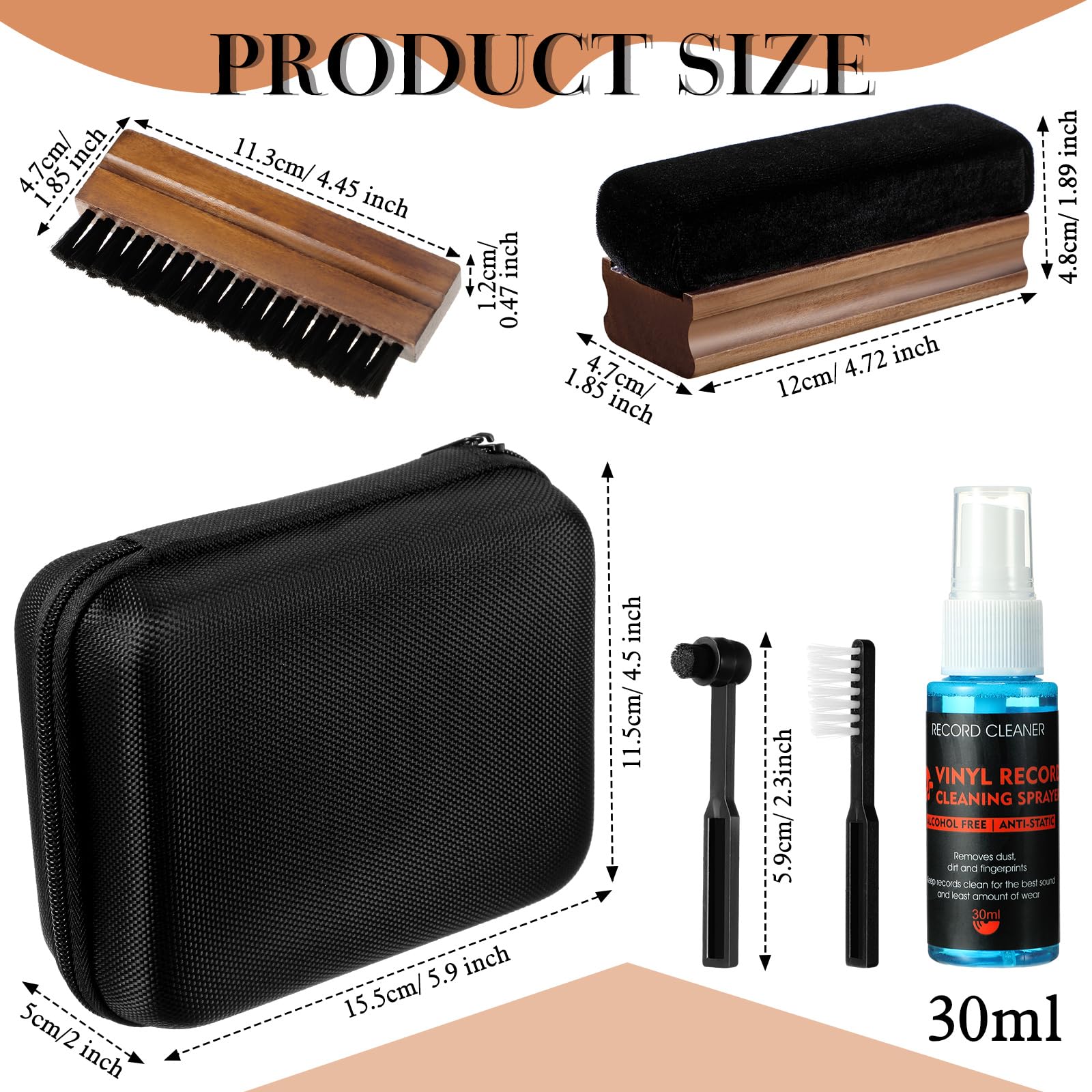 Ziliny Kit di pulizia per dischi in vinile, include spazzola in vinile, spazzola in nylon, 2 spazzole in microfibra, liquido detergente e scatola portaoggetti, kit di spazzole per la pulizia dei