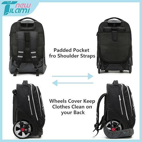 Miniatura 9 de NEW TILAMI Mochila con ruedas para adolescentes, mochila con ruedas para portátil, bolsa de viaje para universidad, Tabla de skate negra, Mochilas