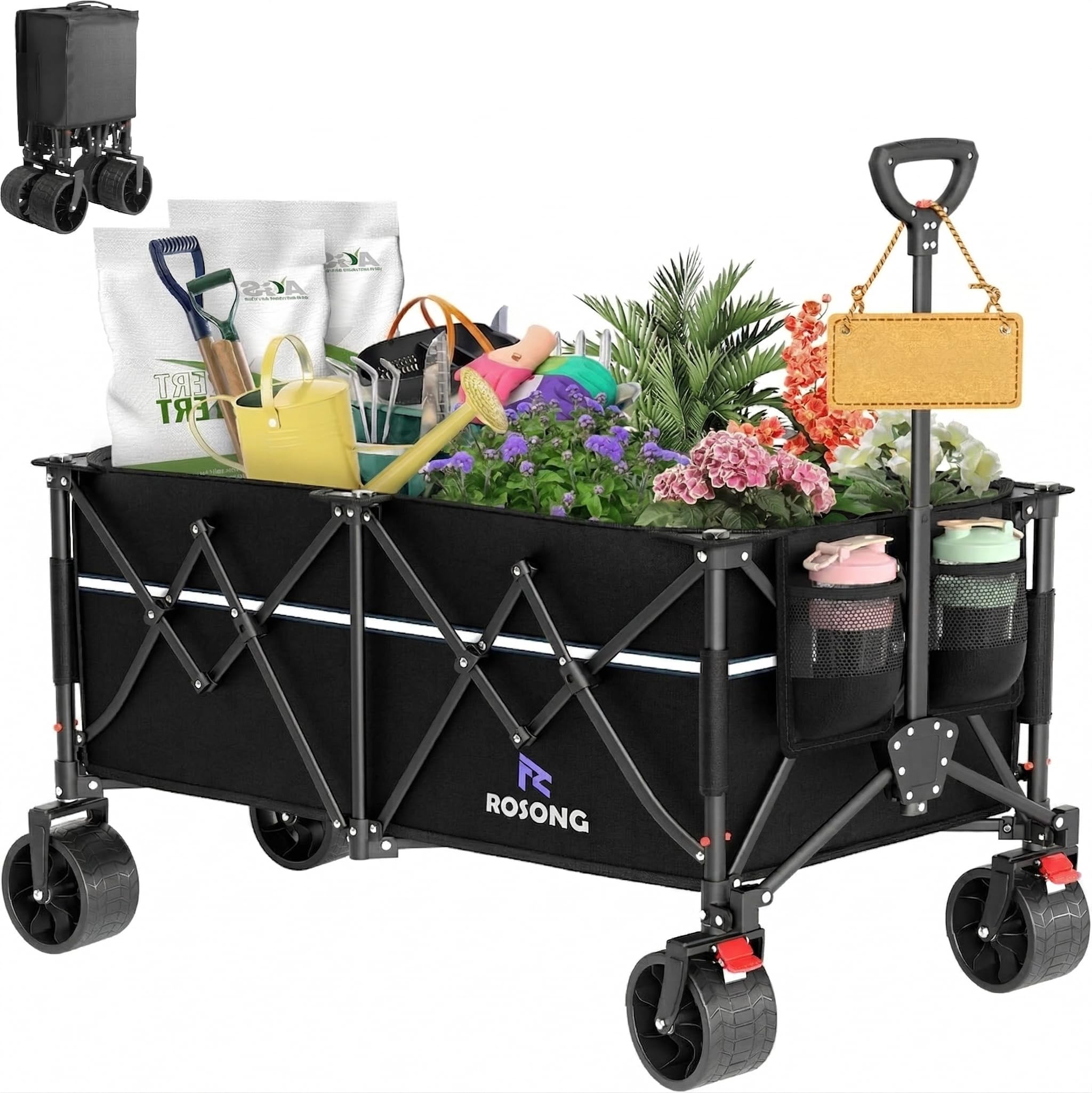 ROSONG Chariot de Plage Pliable-Chariot de Jardin 4 Roues Tout Terrain avec Freins Charrette de Transport Grande Capacité 260kg pour Camping, Courses, Extérieur, Noir
