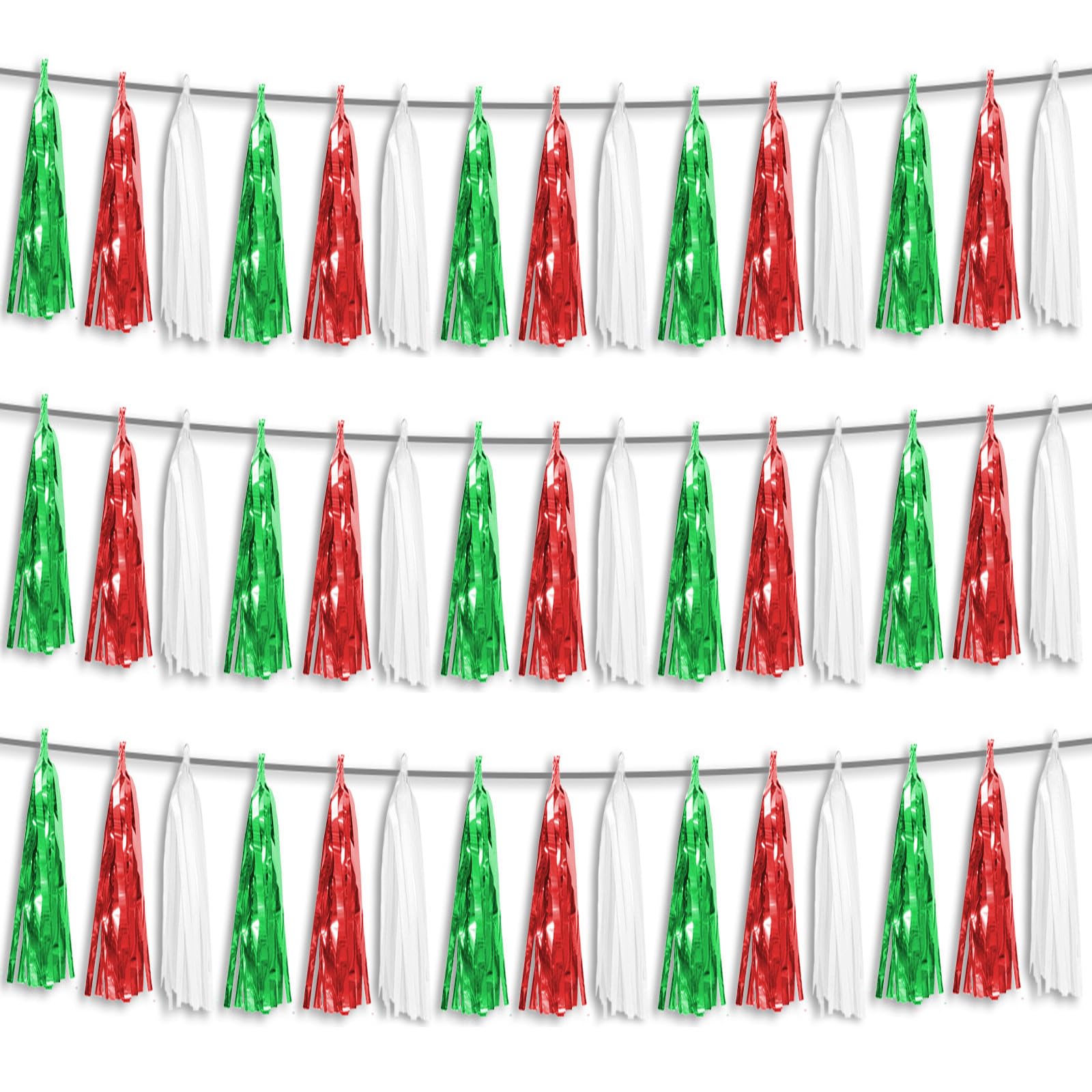 3P Red Green White Foil Fringe Metallic Tassel Streamers Banner Tassel Garland for Parade Floats, Graduation, Wedding, Birthday, Halloween, Christmas, Mexican Italian Birthday Party Decorations