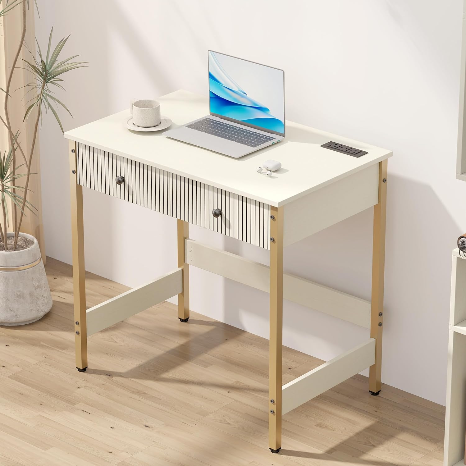Manora 31.5” Computer Desk with Power Outlets and USB Ports, Modern Writing Desk with Fluted Drawer Front, Small Study Table with Storage Drawers for Home Office, Bedroom Vanity Use, White and Gold