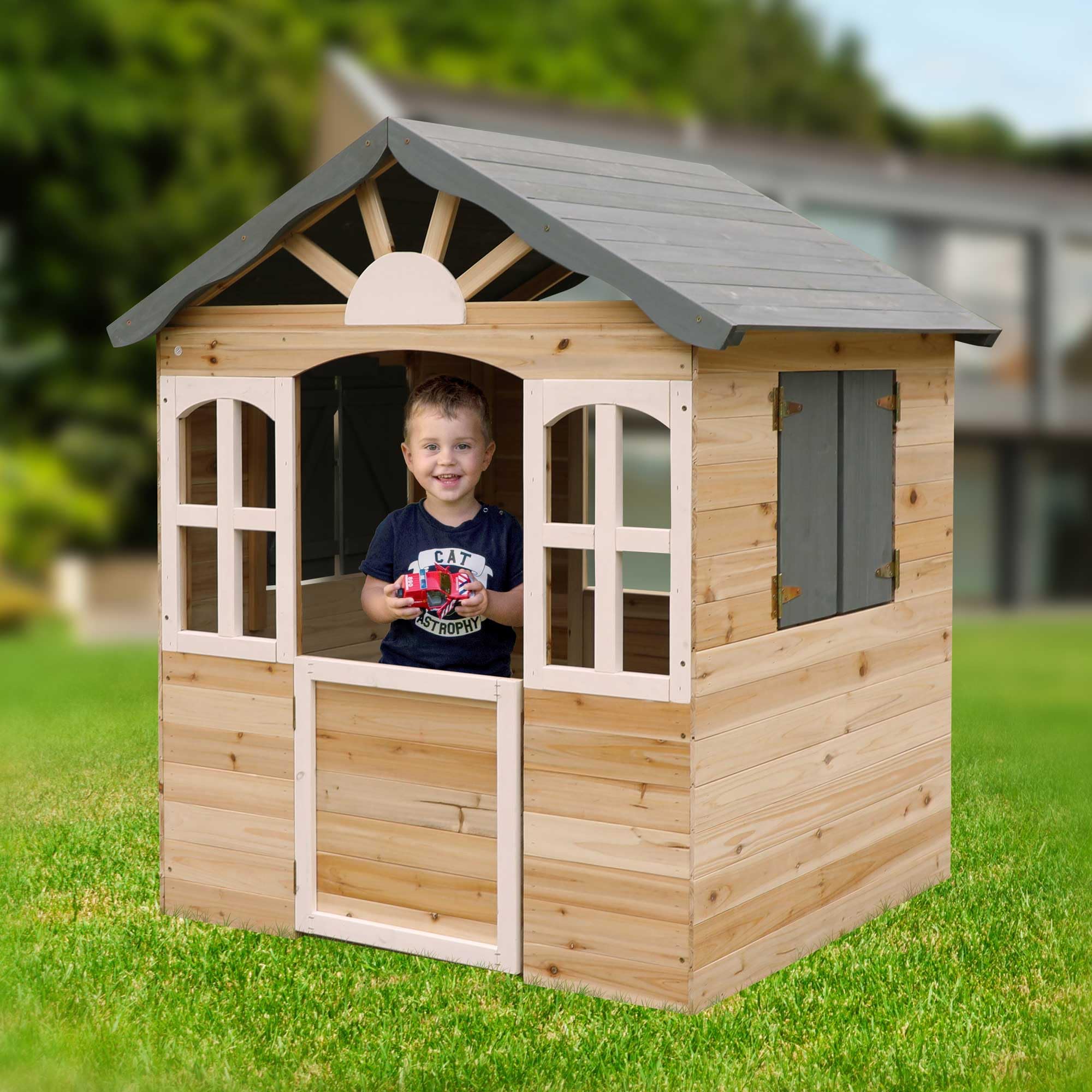 dobar® Kinder-Spielhaus aus Holz mit Fenster und Türen - Spielhaus Outdoor Bausatz mit einfachem Aufbau - Kinderhaus für Garten - Anthrazit - 115 x 102 x 125 cm