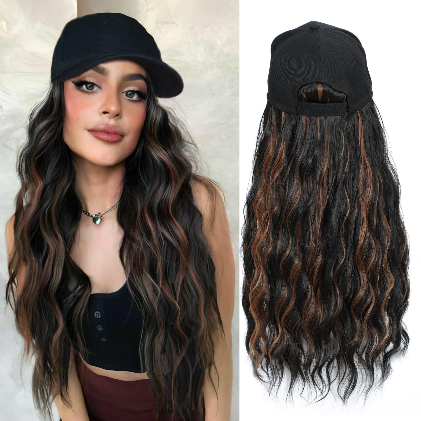 AliRobam Synthetic Wig Hat with Natural Wave hair Extensions attached for woman Baseball cap wig mix black brown curly wavy Hairstyle Adjustable Hat
