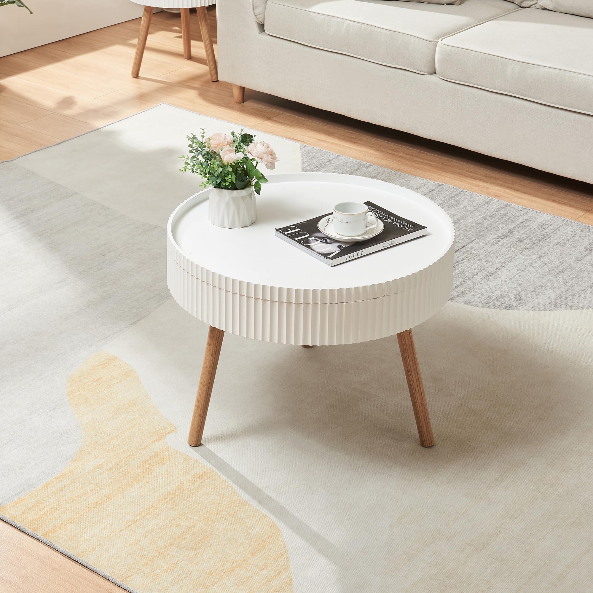 [en.casa] Table Basse avec Plateau Amovibe Table d'Appoint avec Surface Rainurée Compartiment de Rangement Fermé Bout de Canapé Table de Chevet Ronde MDF Bambou 45 x 60 cm Blanc Naturel