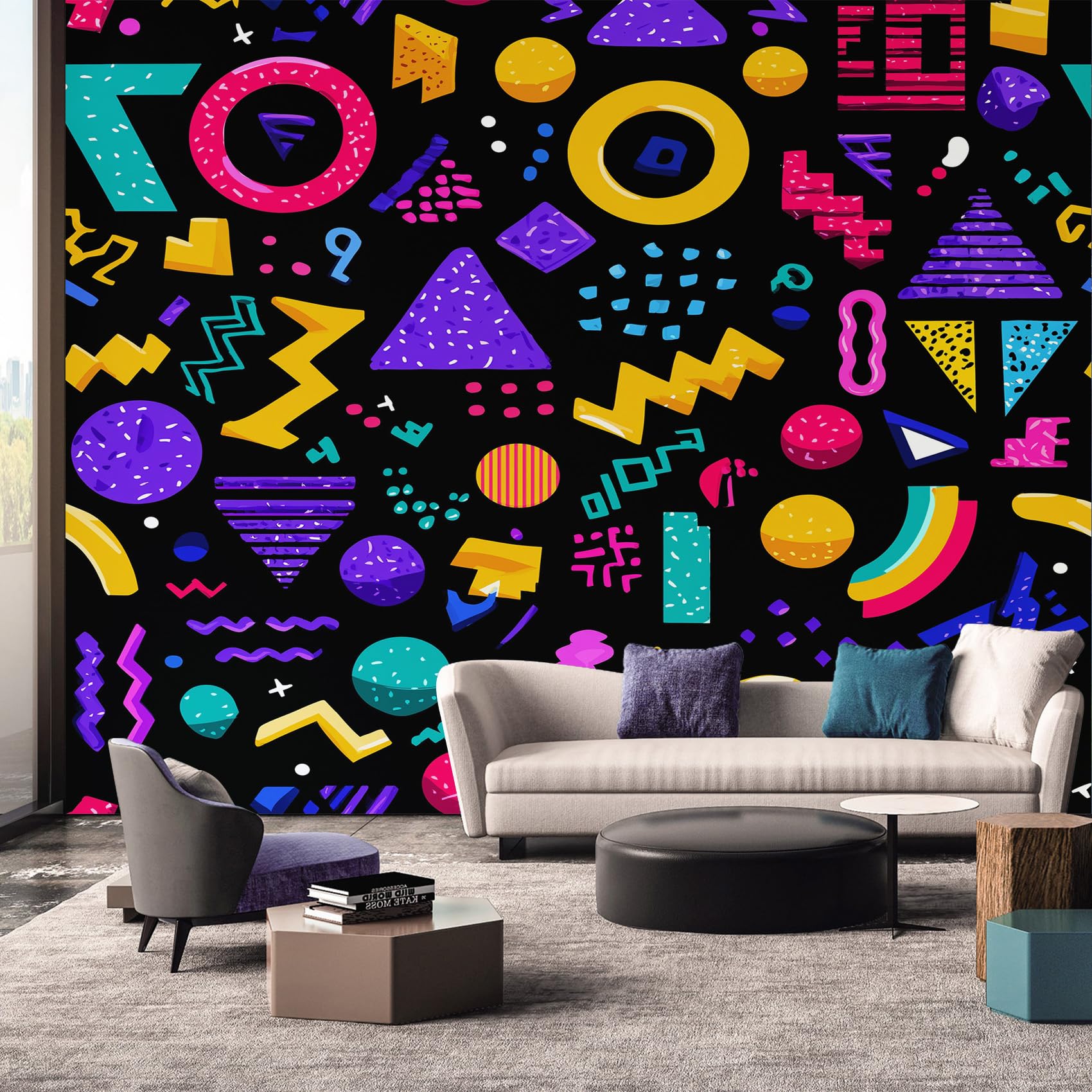 80s Wallpaper, Retro Vintage Geometric Colorful Mural Wallpaper, 80s Room Decor Wall Art for Living Room Bedroom Kitchen 500L x 350W cm