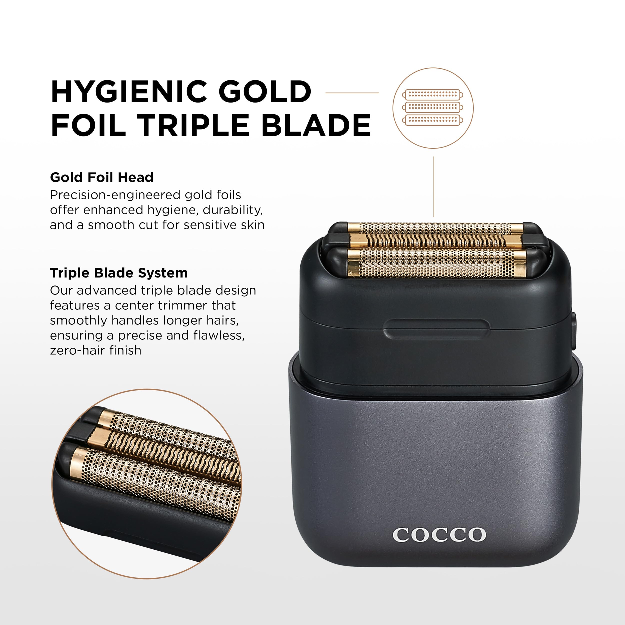 COCCO IMPACTO Shaver, Hygienic Gold Foil Triple Blade, Grey, Wet & Dry Use, Magnetic Replaceable Head, Intelligent Accelerator, 90 Min Run Time