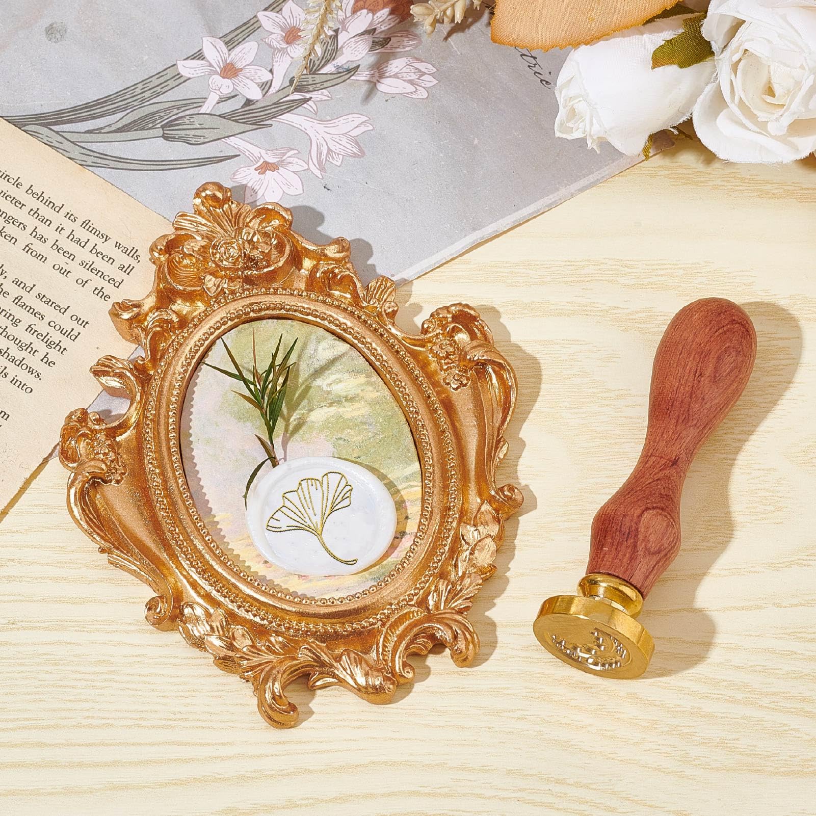 CRASPIRE Ginkgo Leaf Wax Seal Stamp - 25mm Brass Head With Wood Handle