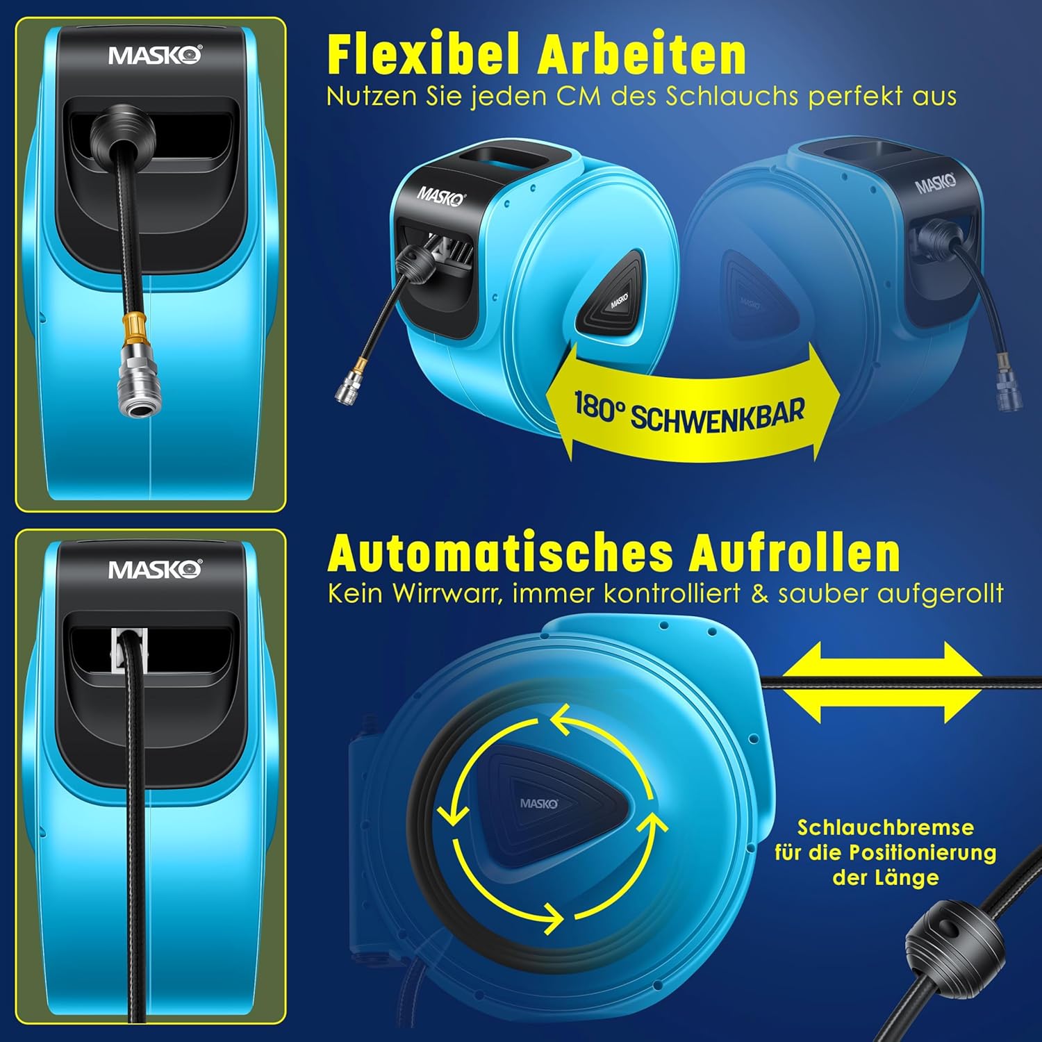 Illustration demonstrating the 180-degree swivel capability of the MASKO hose reel on its wall mount, allowing flexible use.