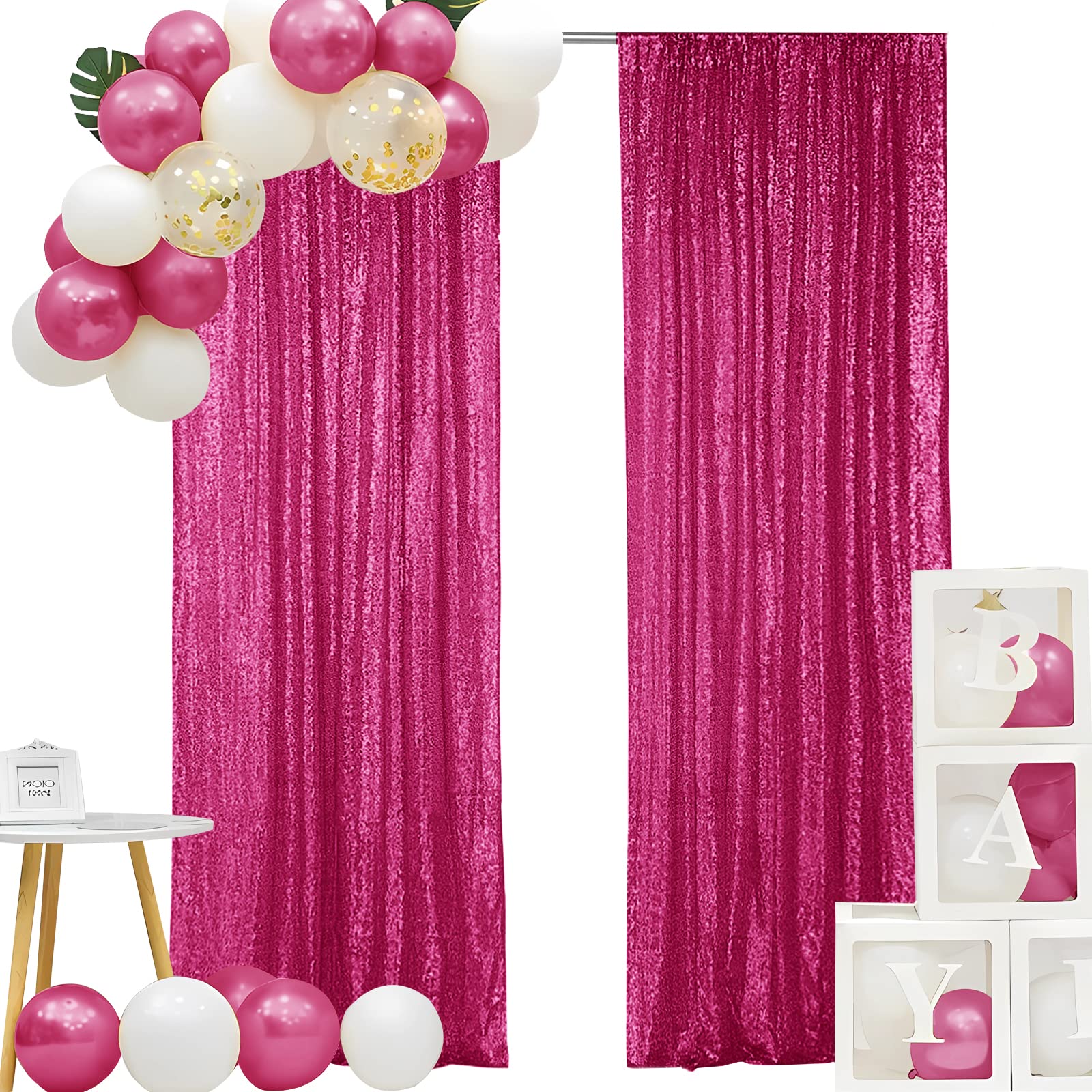 Hahuho Fuchsia Sequin Backdrop Curtain, 4PCS 2FTx8FT Glitter Backdrop Curtain for Parties, Christmas, Wedding, Party Decoration?4 Panels, 2FT x 8FT, Fuchsia