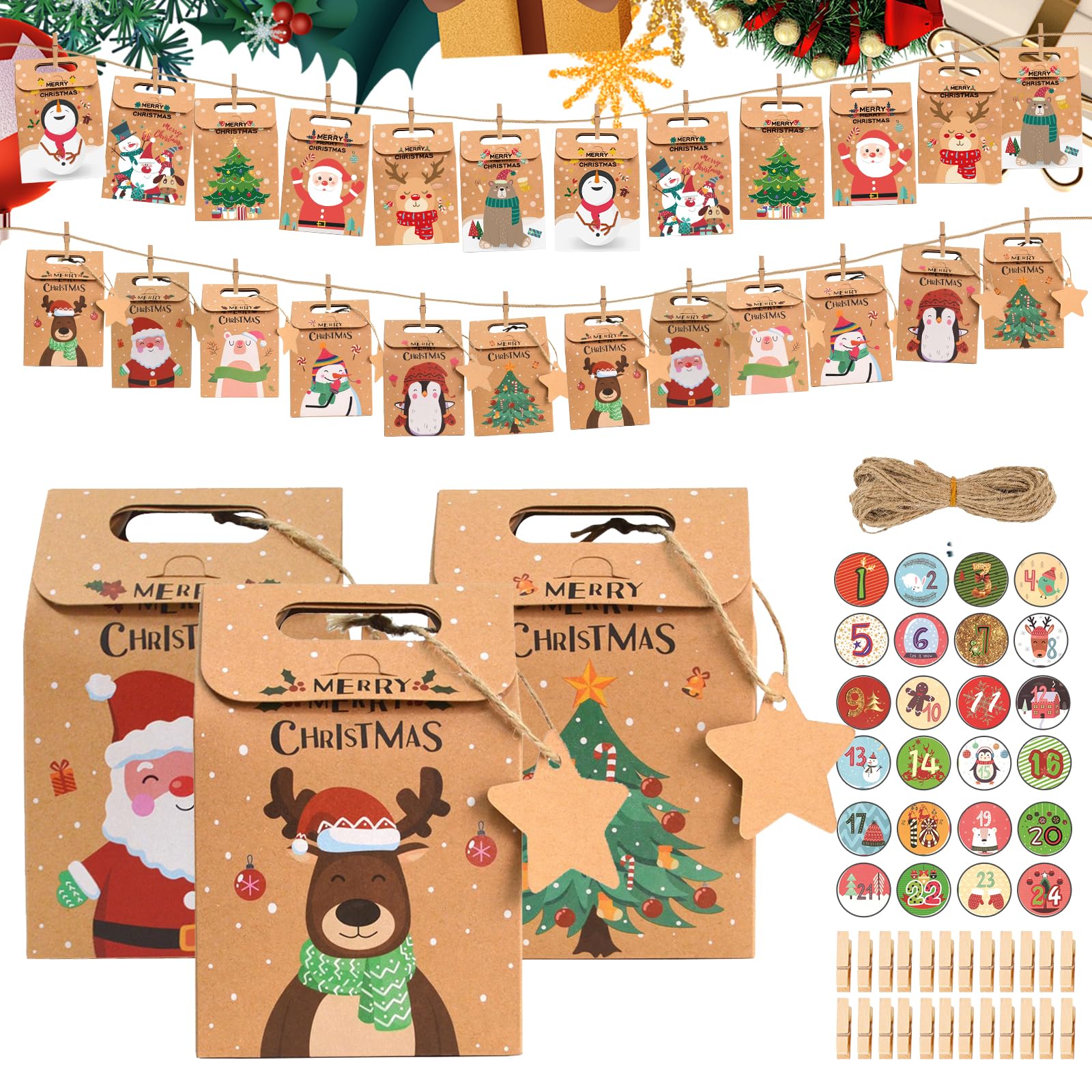 KARLOR Calendario Dell'Avvento Fai Da Te 2024, 24 Sacchetti In Carta Kraft 7x5x10,5 Cm Con Adesivi Numerici E Filo, Da Riempire - 2