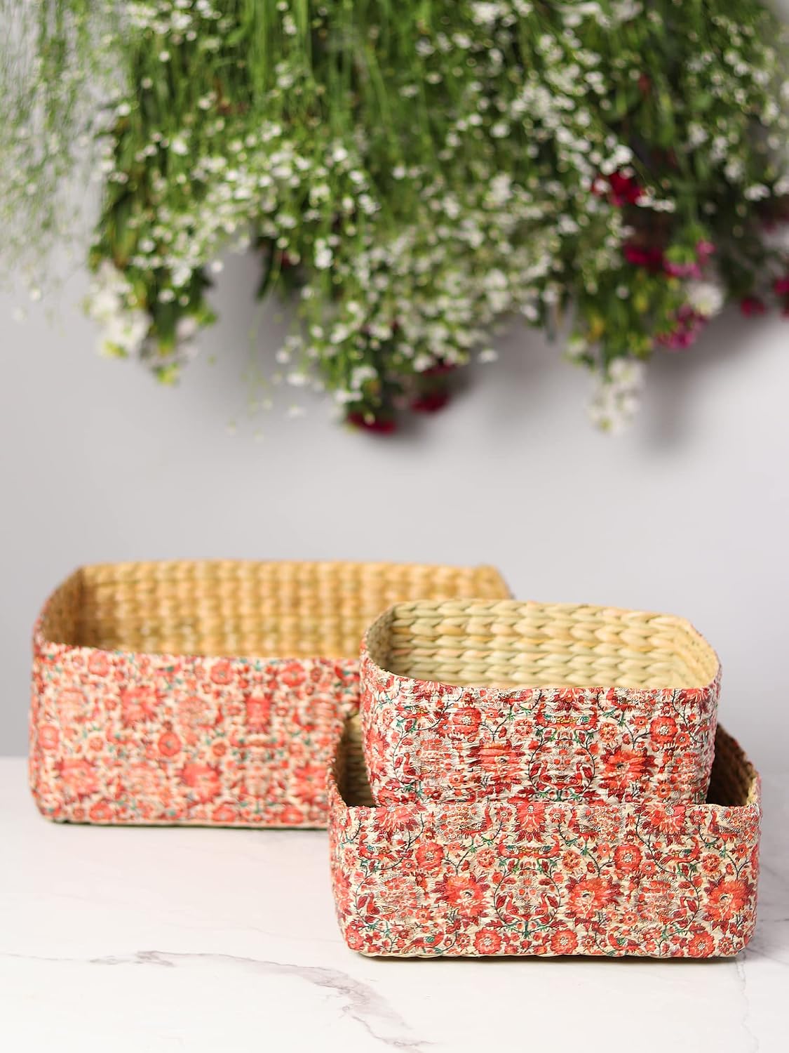 Habere India-All the Cultures Fabricating India Cane Basket | Gift Hamper Basket | Wardrobe Basket | Jute Baskets | Bathroom Organiser Basket | Seagrass Organising Tray - Rectangular, Red (Design 01)