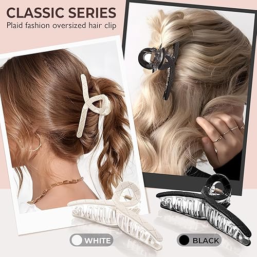 Miniatura 2 de 2 pinzas grandes de 4.3 pulgadas para el cabello, pinzas de doble capa para cabello grueso y fino, pinzas de sujeción fuerte, color blanco y negro