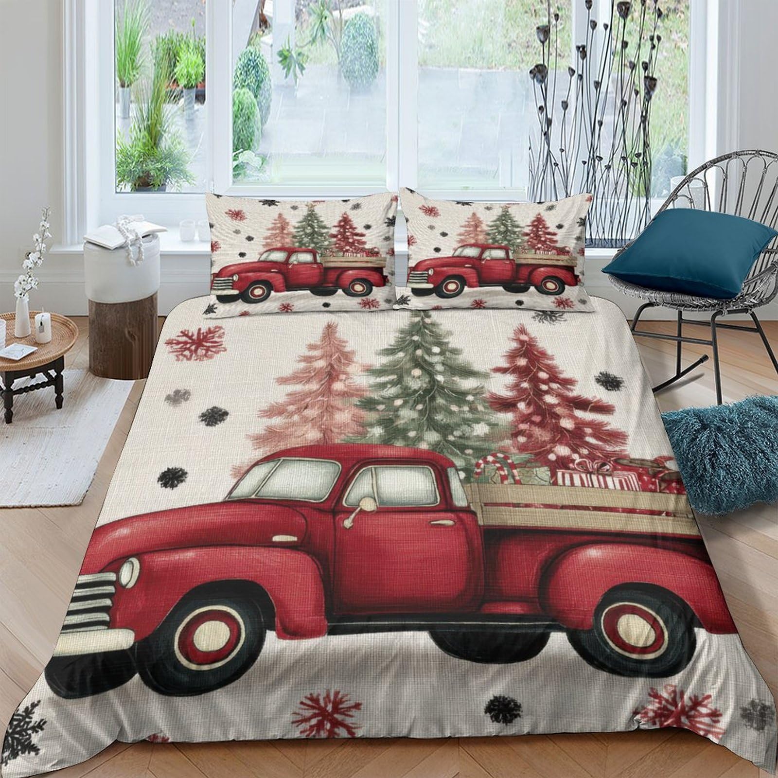 Ctjqhvkz Style-8 3D Printed Red Vintage Truck Fitted Sheet Microfiber Christmas Tree Bed Cover For Bedroom Guest Room Washable Decor Single（135X200cm）
