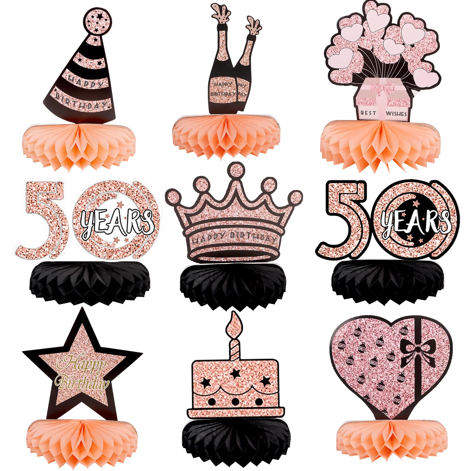 Auliuse50th Birthday Honeycomb Centrepieces Party Table Decorations, Rose Gold Birthday Table Topper Decoration, Happy Birthday Themed Party Supplies for Women and Men (50 Years)