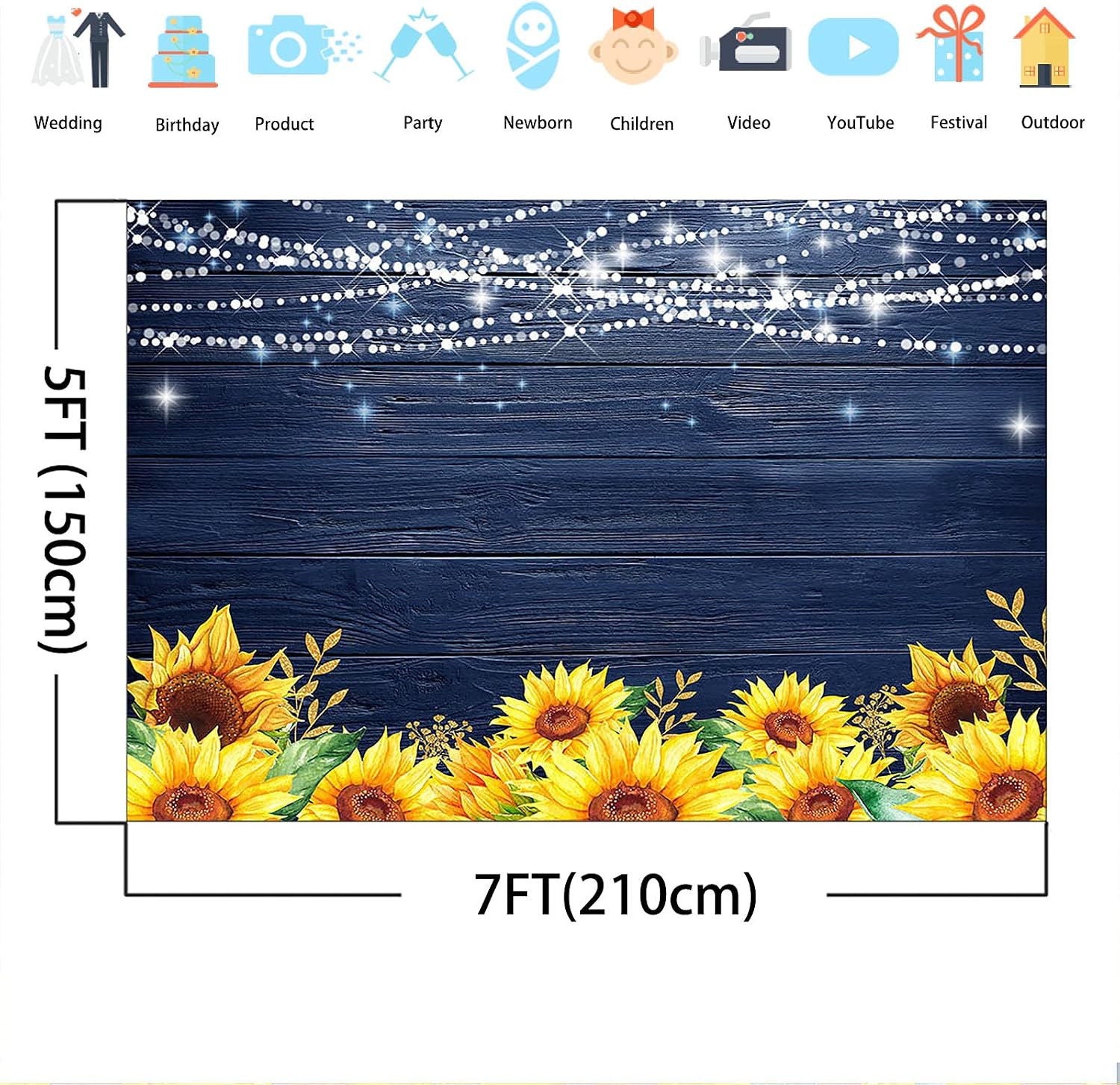 Avezano Navy Blue Sunflower Photography Backdrop Glitter Dots Navy Blue Wood Floral Baby Shower Birthday Background Weddding Bridal Shower Wooden Sunflowers Backdrops Photo Studio Props (7x5)